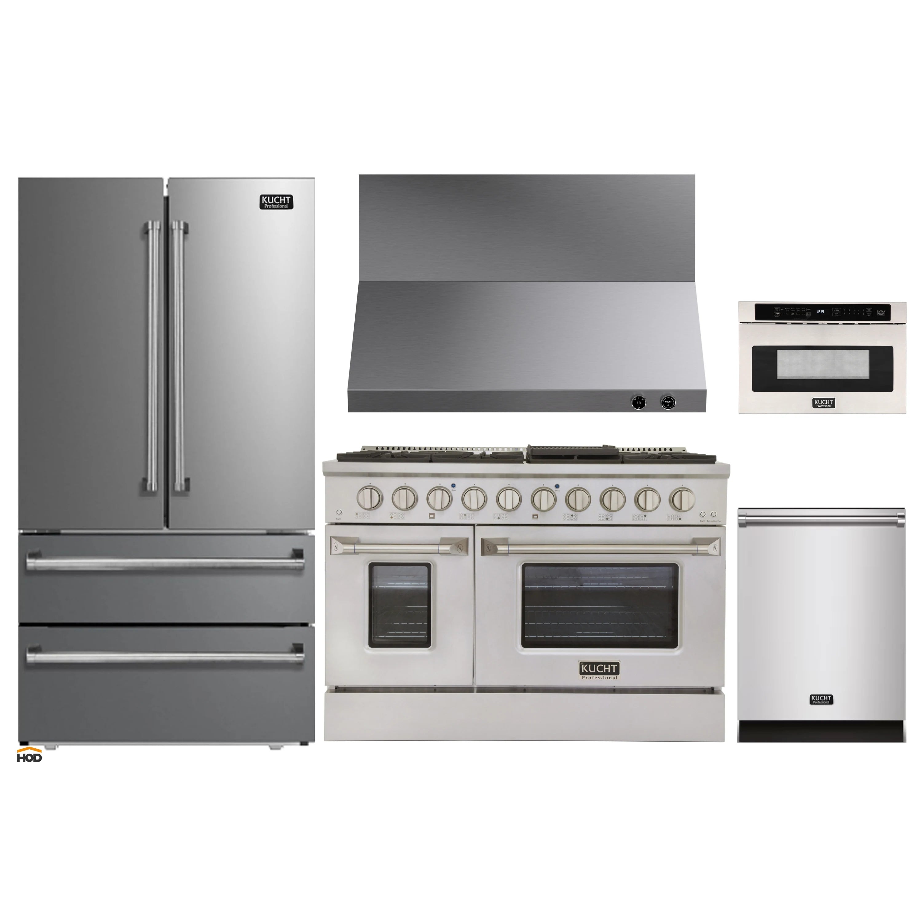Kucht stainless steel 5-piece appliance set: refrigerator, range, hood, microwave, dishwasher