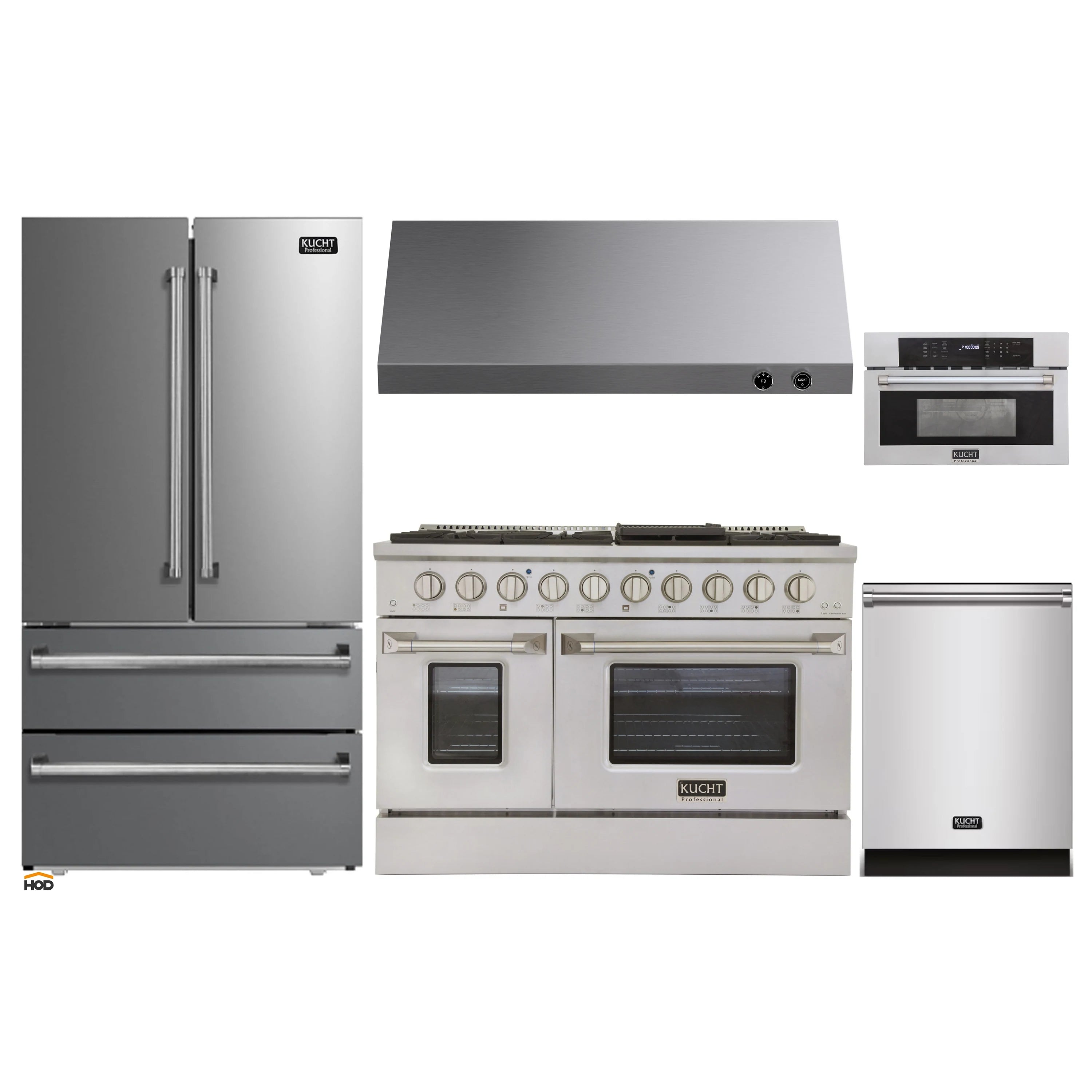 Stainless steel Kucht appliance package with refrigerator, range, and wall oven