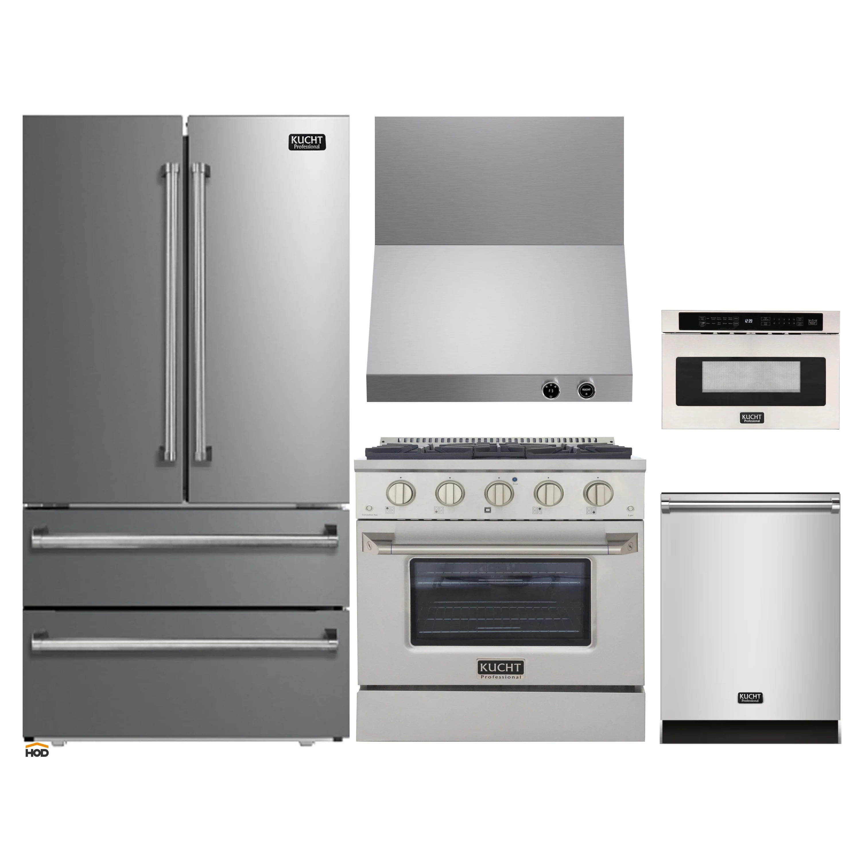 Stainless steel appliance package showing refrigerator, gas range, oven, and dishwasher.