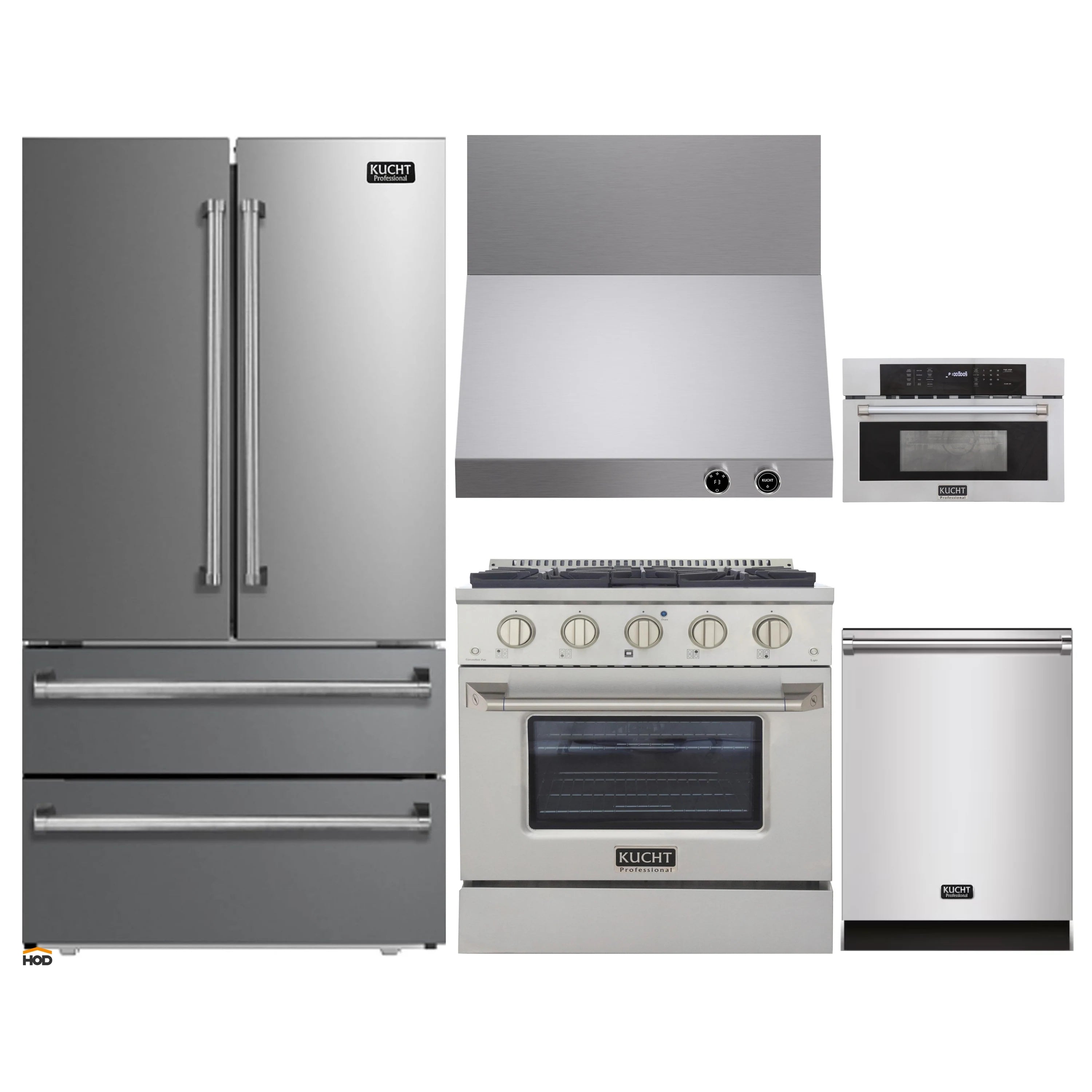 Kucht 5-piece stainless steel appliance package with refrigerator, range, hood, microwave