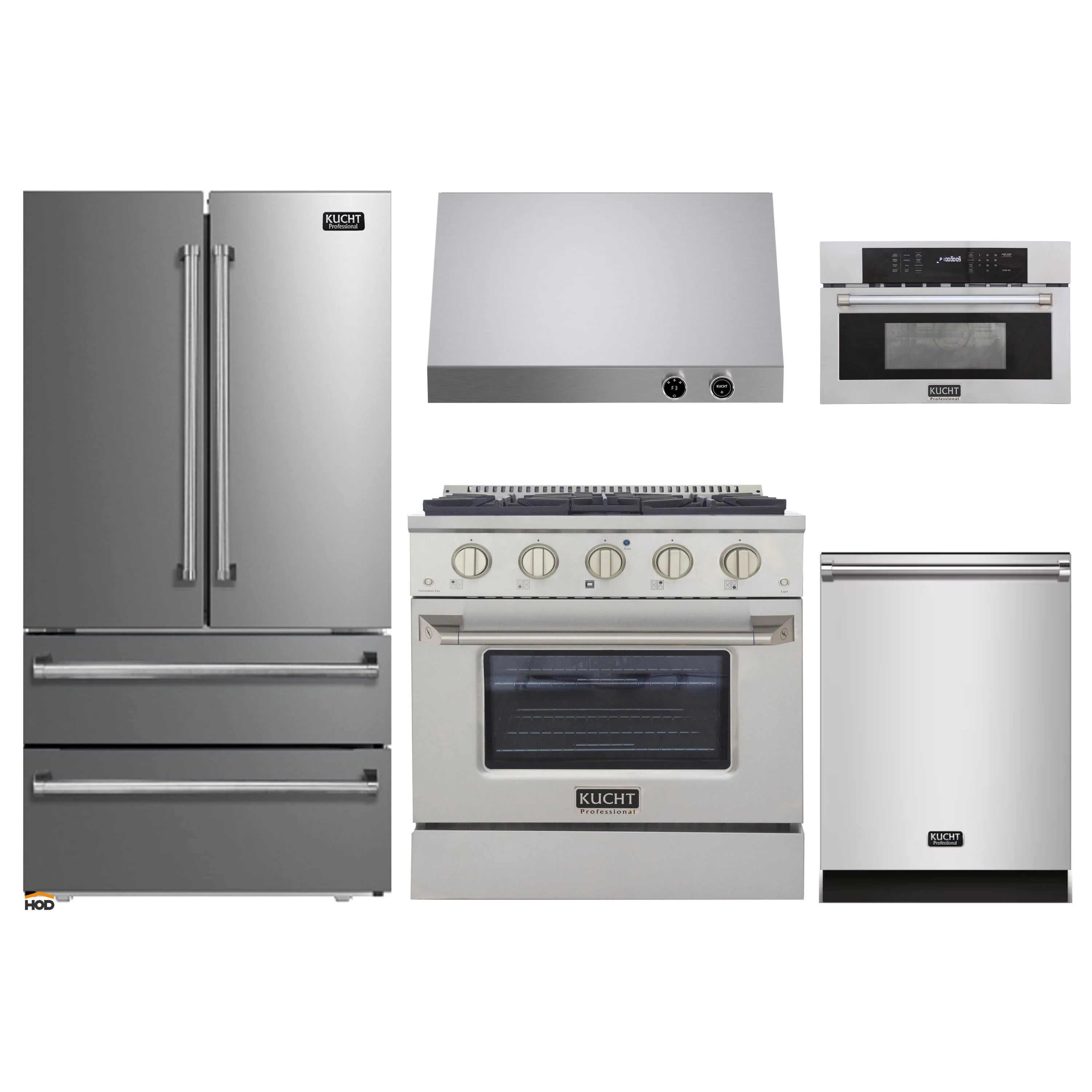 Kucht stainless steel appliance package with refrigerator, range, hood, microwave, dishwasher