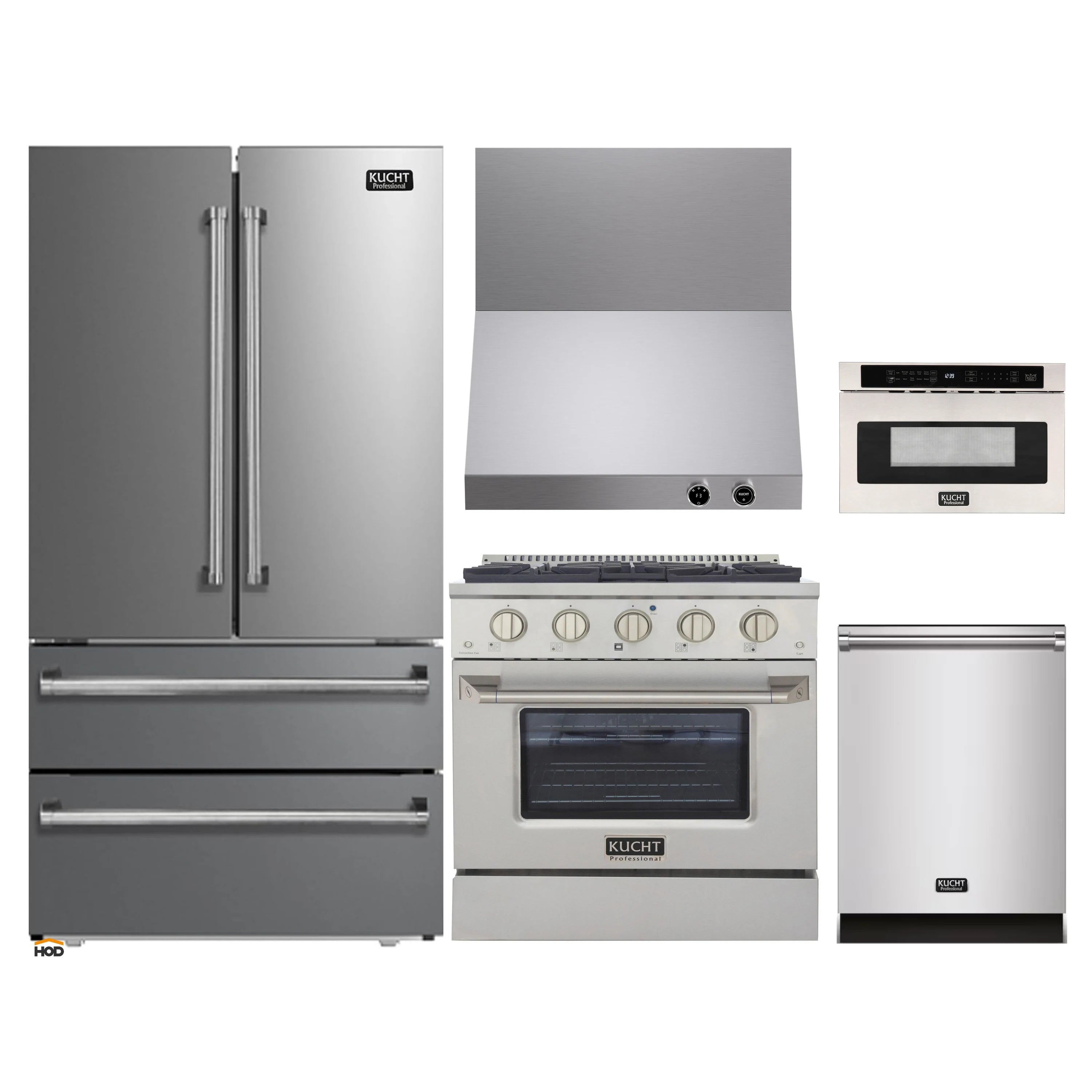 Stainless steel appliance package layout with refrigerator, range, oven, and microwave