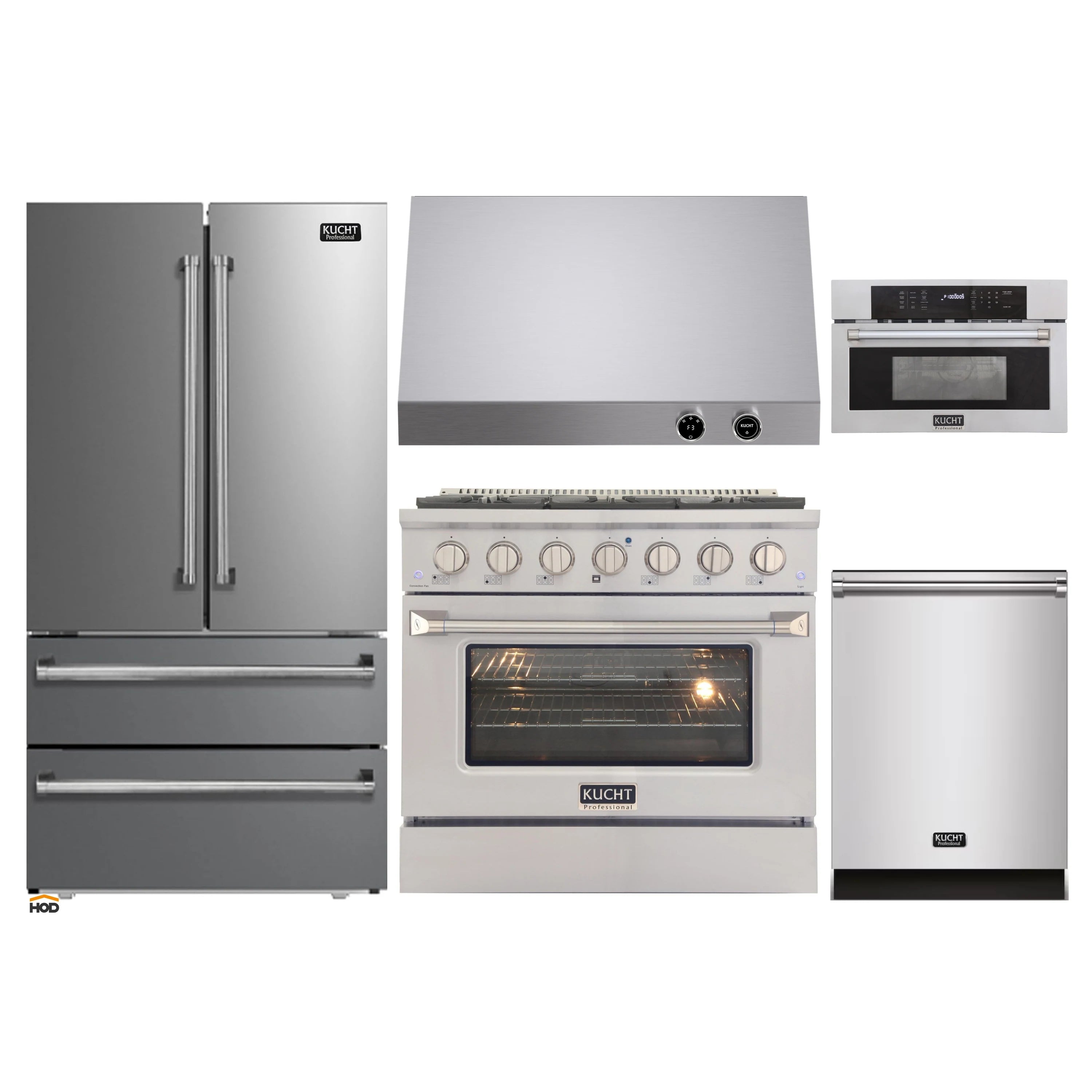 Stainless steel appliance set with range, oven, microwave, and refrigerator