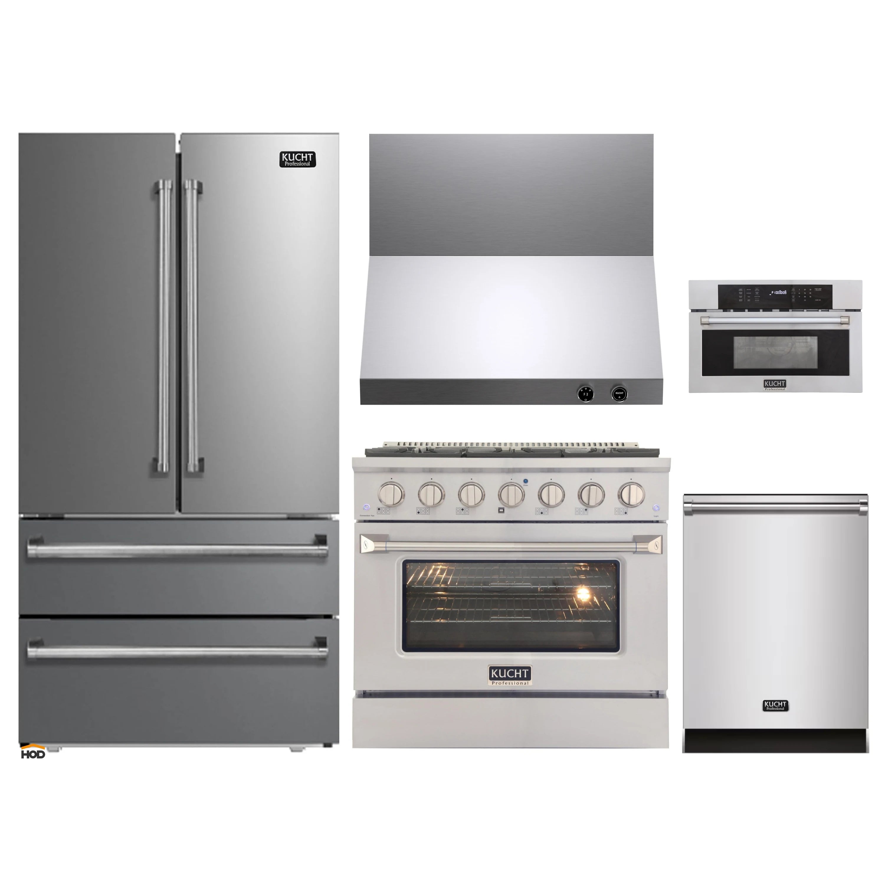 Stainless appliance set with refrigerator, gas range, wall oven, and range hood