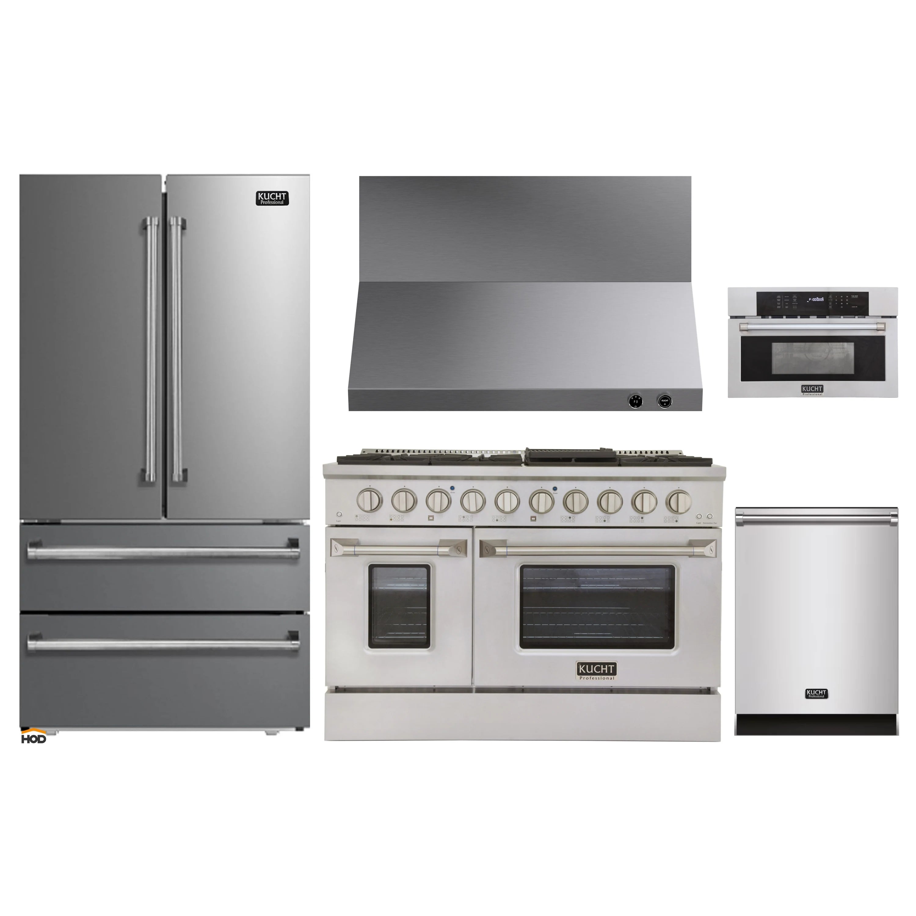 5-piece Kucht stainless appliance package with range, oven, refrigerator, dishwasher, and hood