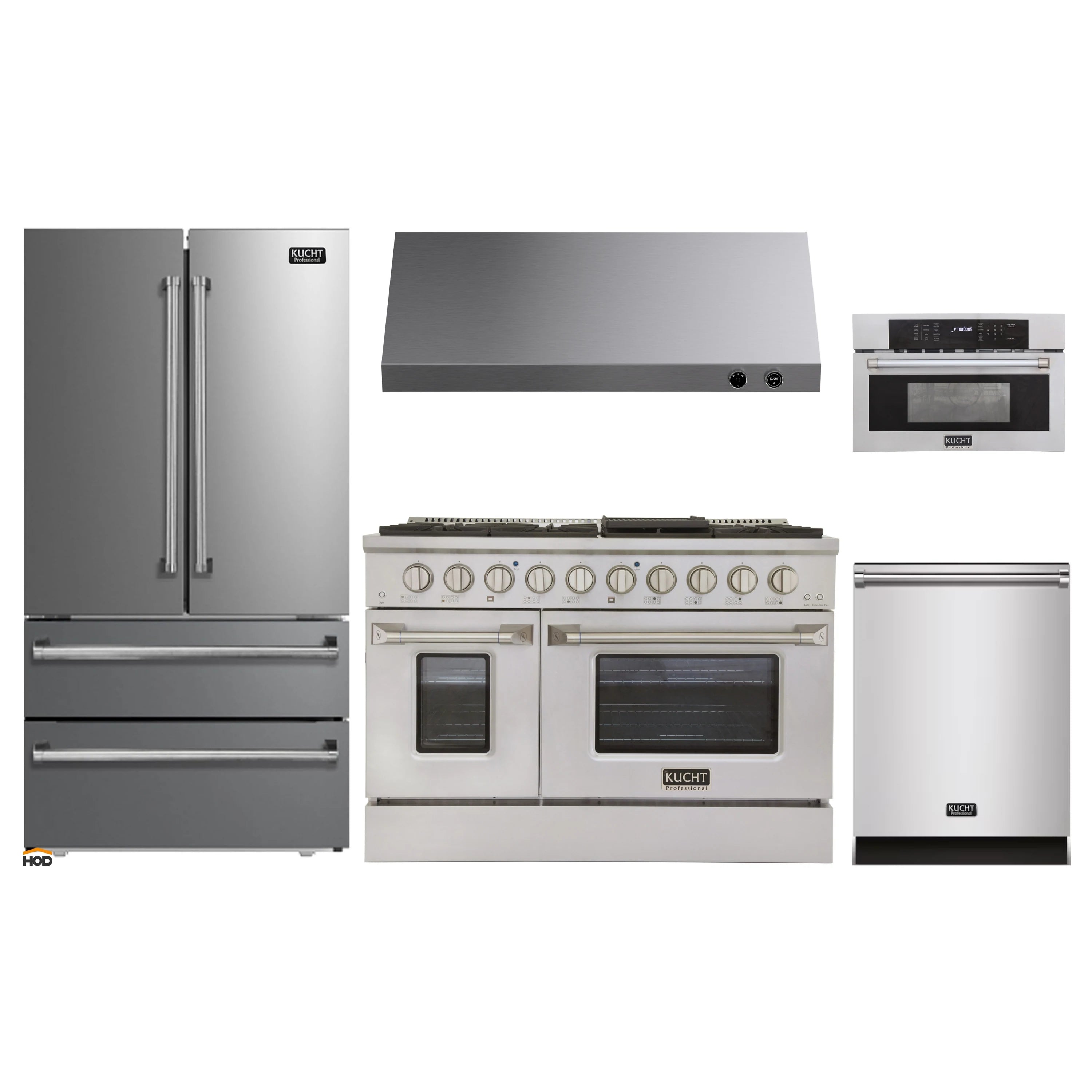 Stainless steel 5-piece appliance package with refrigerator, range, dishwasher, microwave oven and hood