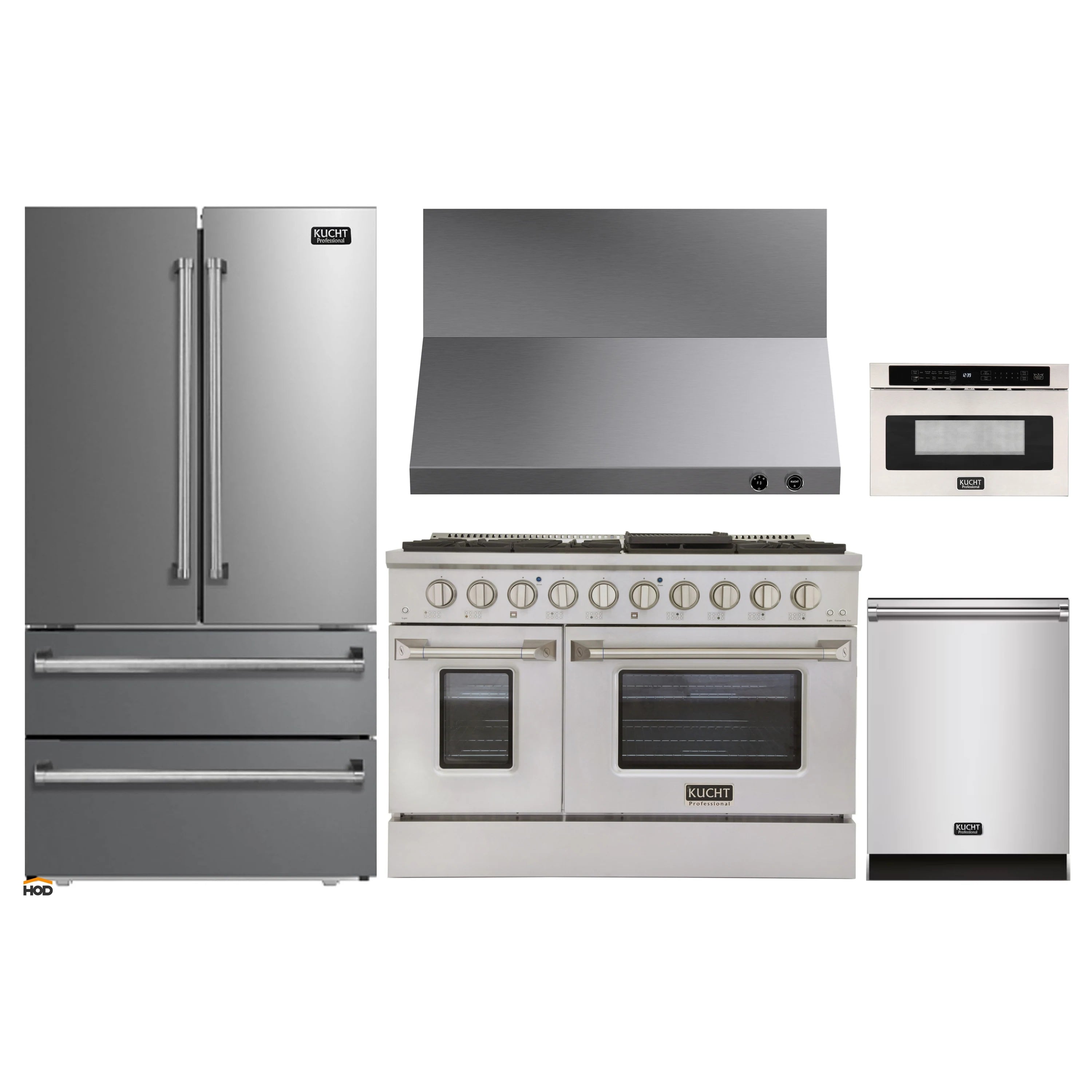 Stainless steel Kucht kitchen appliance set: refrigerator, range, oven, microwave drawer