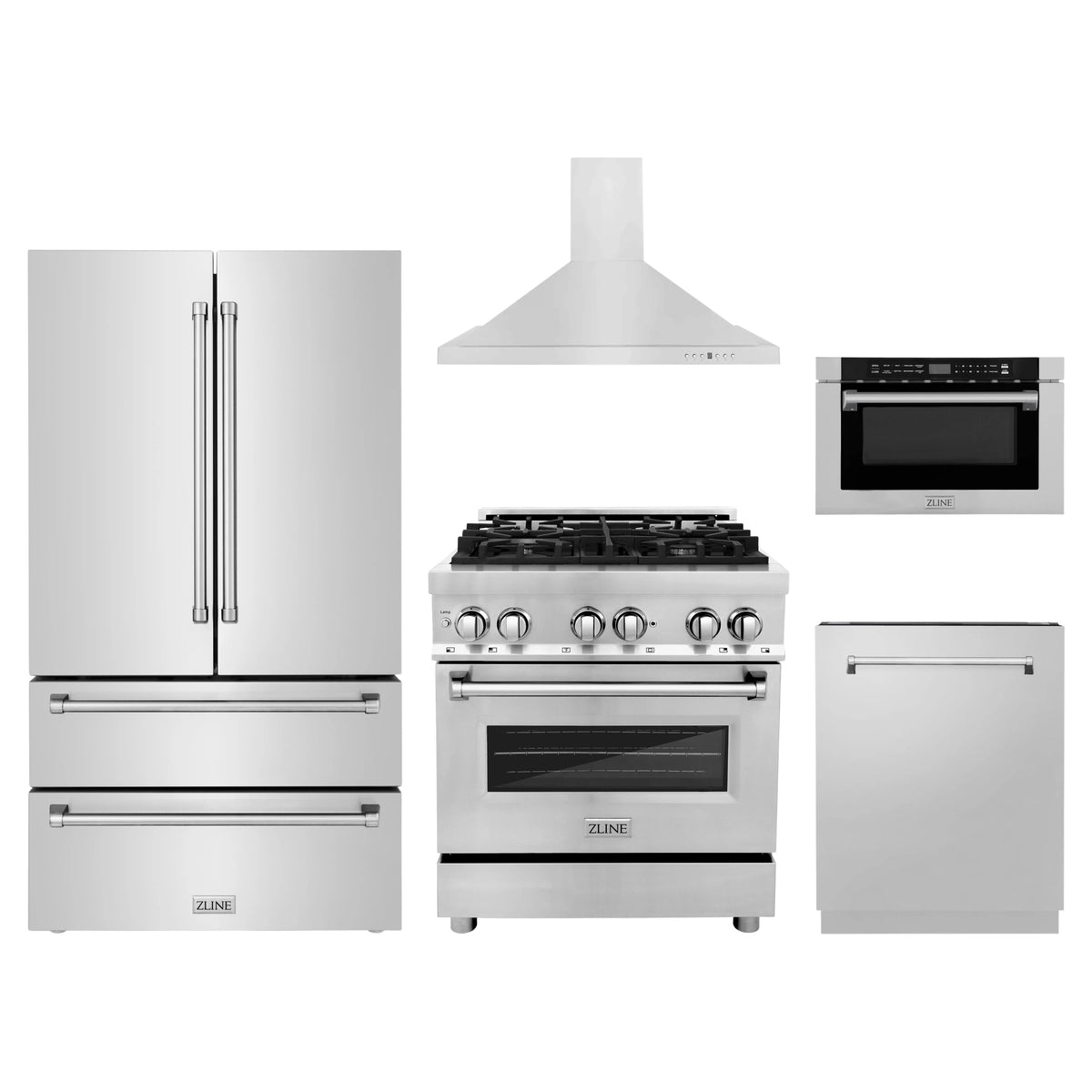ZLINE 5-Piece Appliance Package - 30-Inch Legacy Dual Fuel Range, Wall Mount Range Hood, 36-Inch French Door Refrigerator, Dishwasher, and 24-Inch Microwave Drawer in Stainless Steel