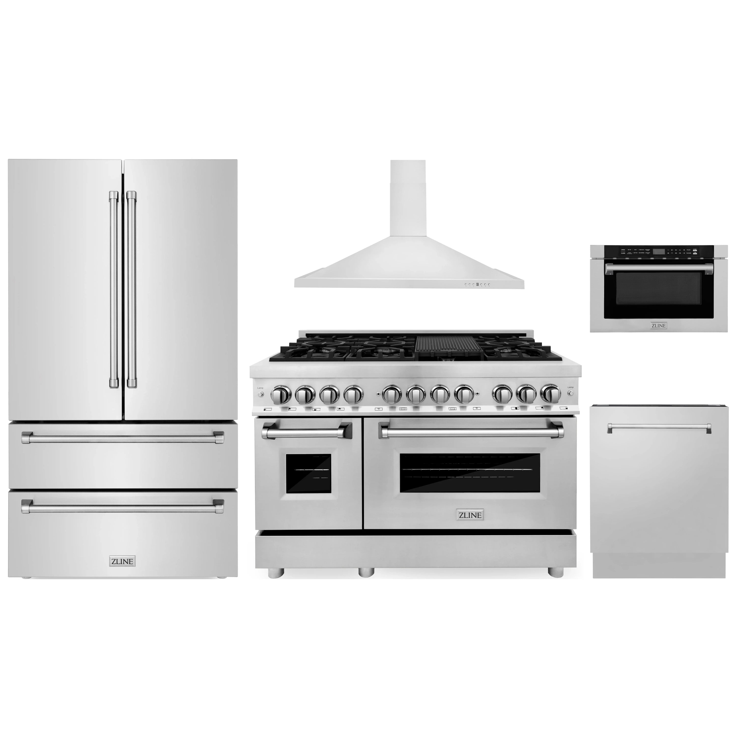 Stainless kitchen appliance set: range, hood, refrigerator, dishwasher, and microwave