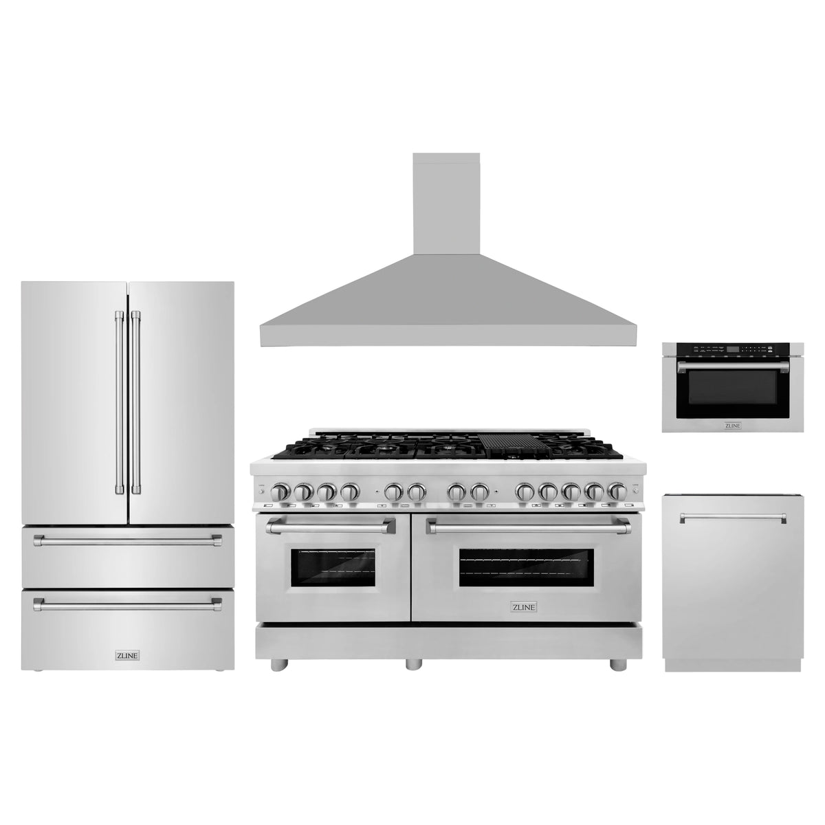 ZLINE 5-Piece Appliance Package - 60-Inch Dual Fuel Range, Refrigerator, Convertible Wall Mount Hood, Microwave Drawer, and 3-Rack Dishwasher in Stainless Steel