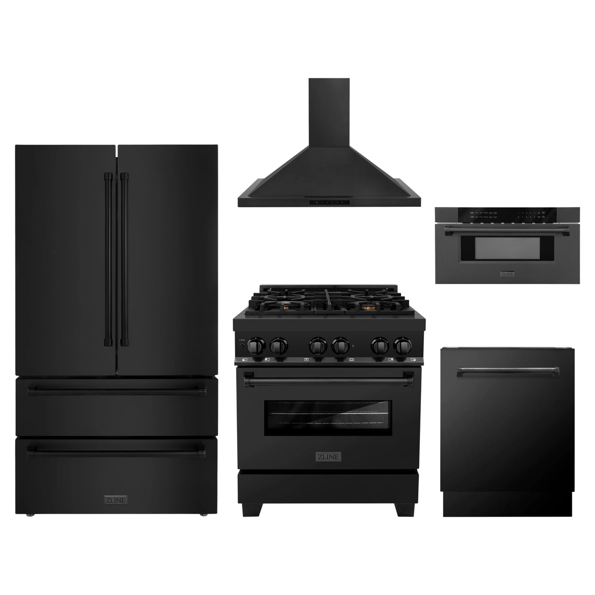 ZLINE 5-Piece Appliance Package - 30-Inch Legacy Dual Fuel Range, Wall Mount Range Hood, 36-Inch French Door Refrigerator, Dishwasher, and 30-Inch Microwave Drawer in Black Stainless Steel