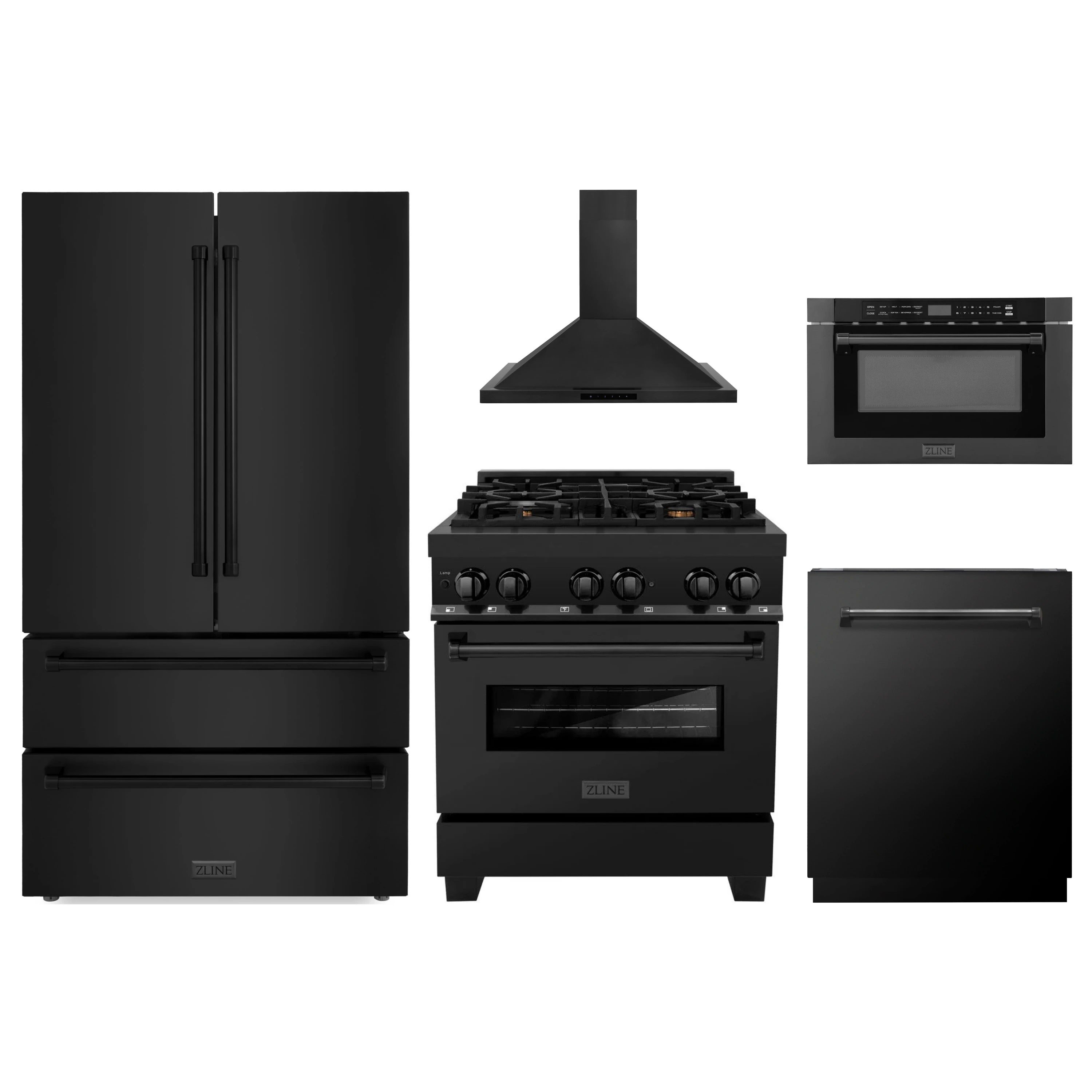 Black stainless steel appliance package showing refrigerator, range, hood, oven, and dishwasher