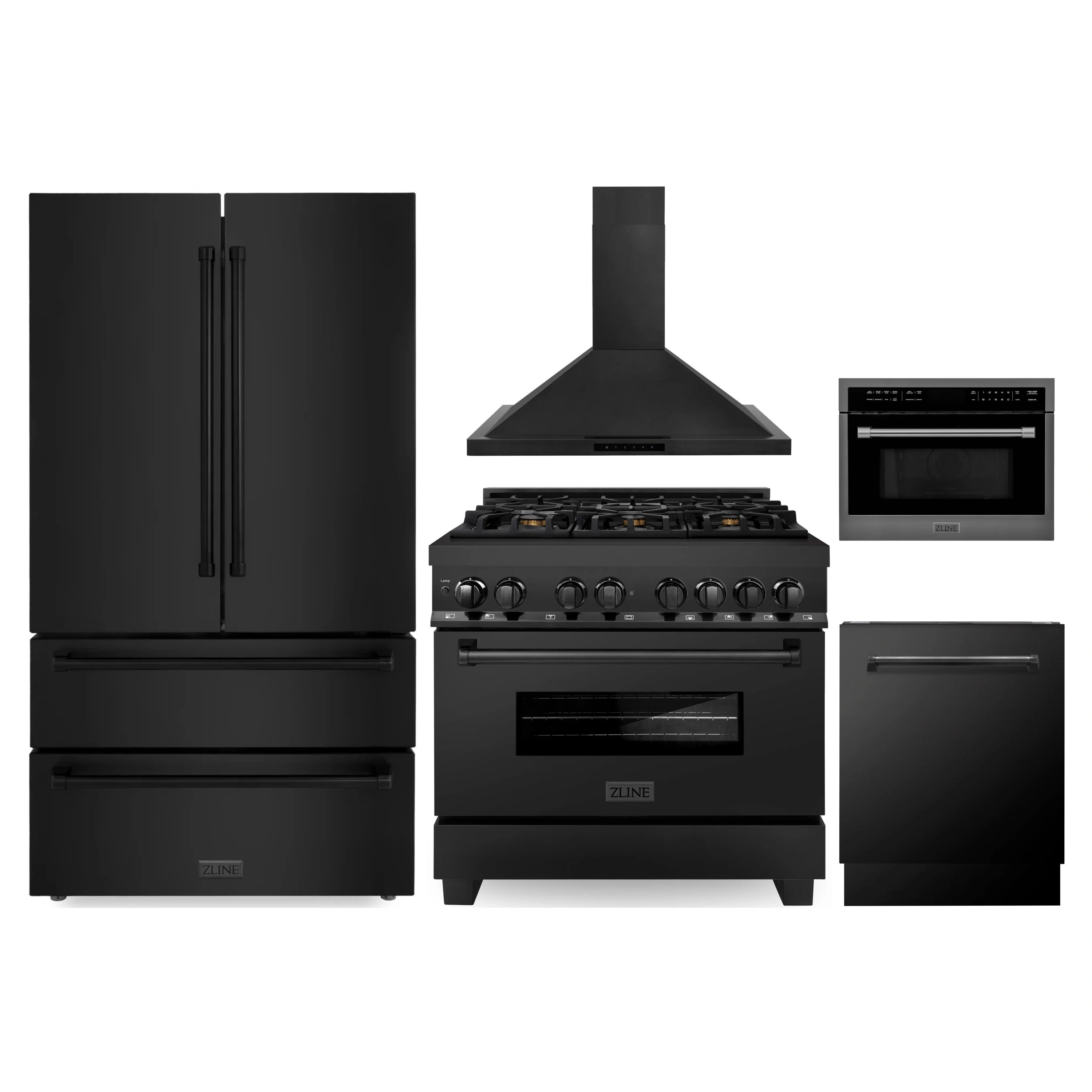 Black stainless 5-piece appliance set with range hood, range, refrigerator, microwave, and dishwasher