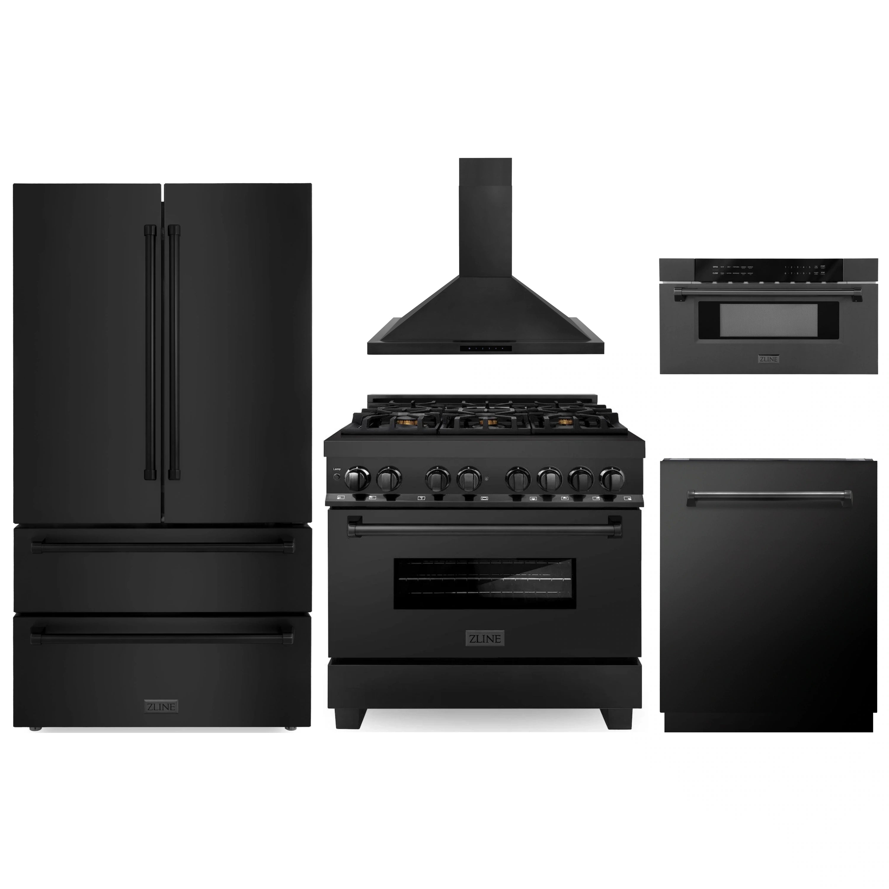 Black stainless steel appliance set: French door fridge, dual-fuel range, hood, microwave, dishwasher