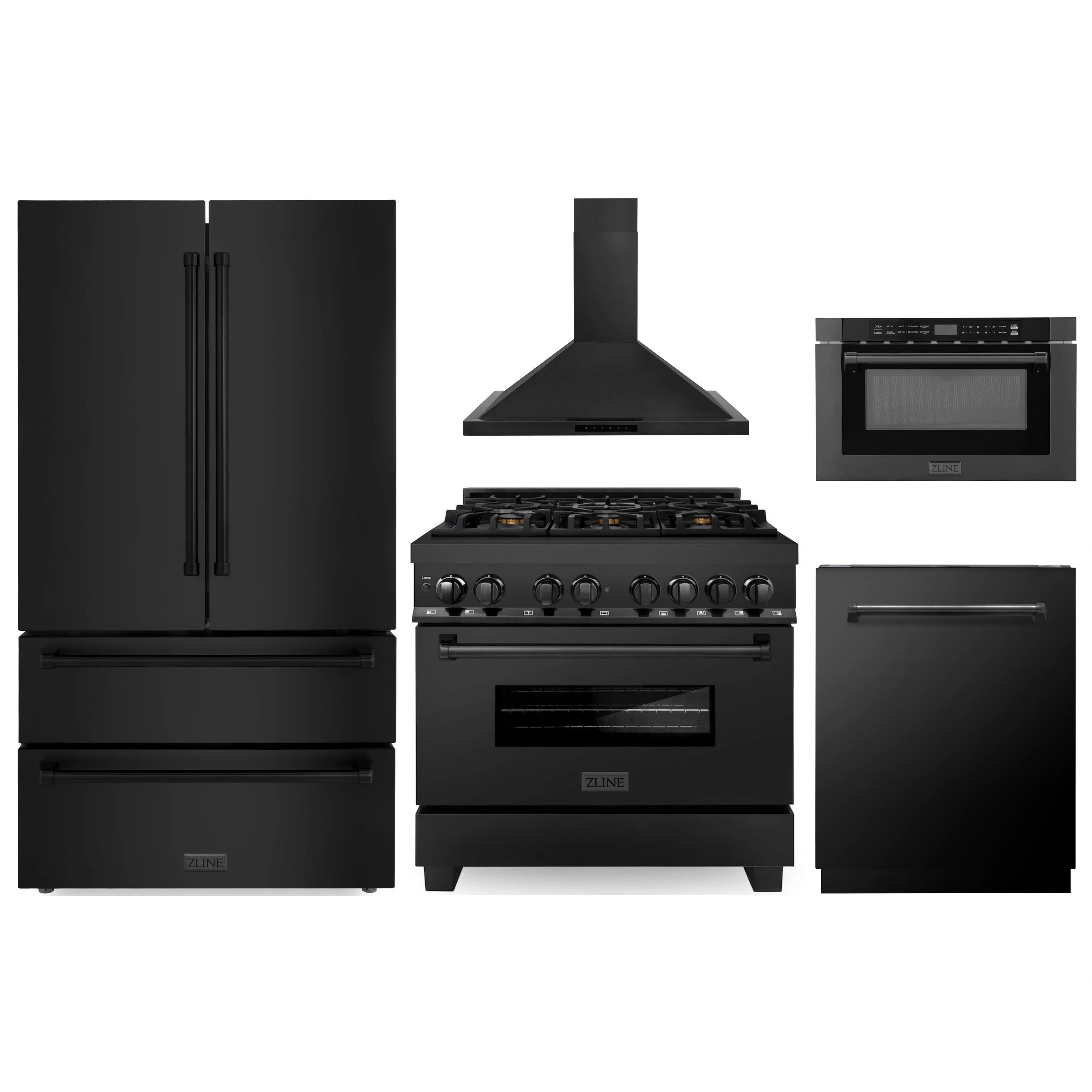 Five-piece black stainless appliance set with refrigerator, range, hood, and microwave