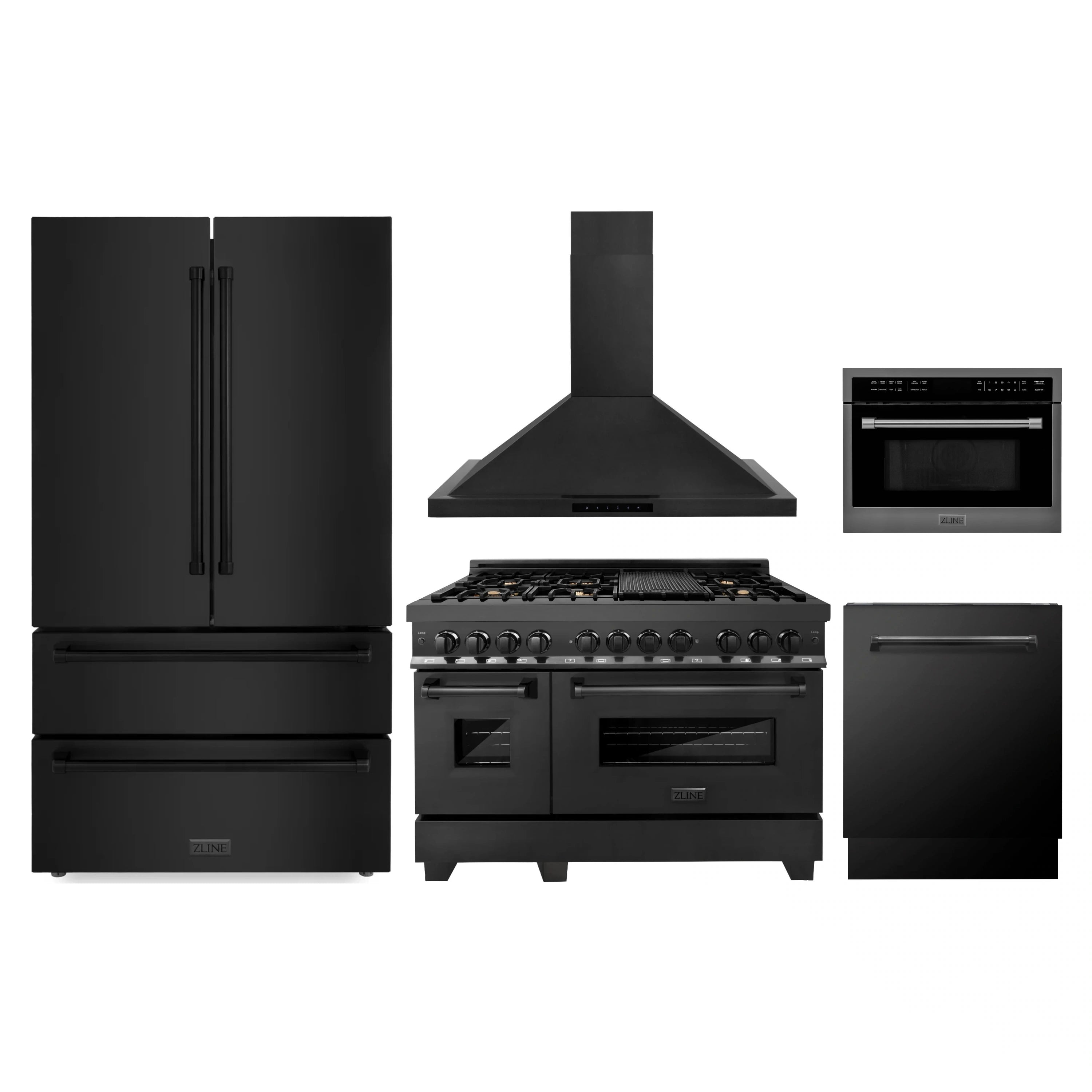 Black stainless appliance package with refrigerator, dual fuel range, dishwasher, and hood