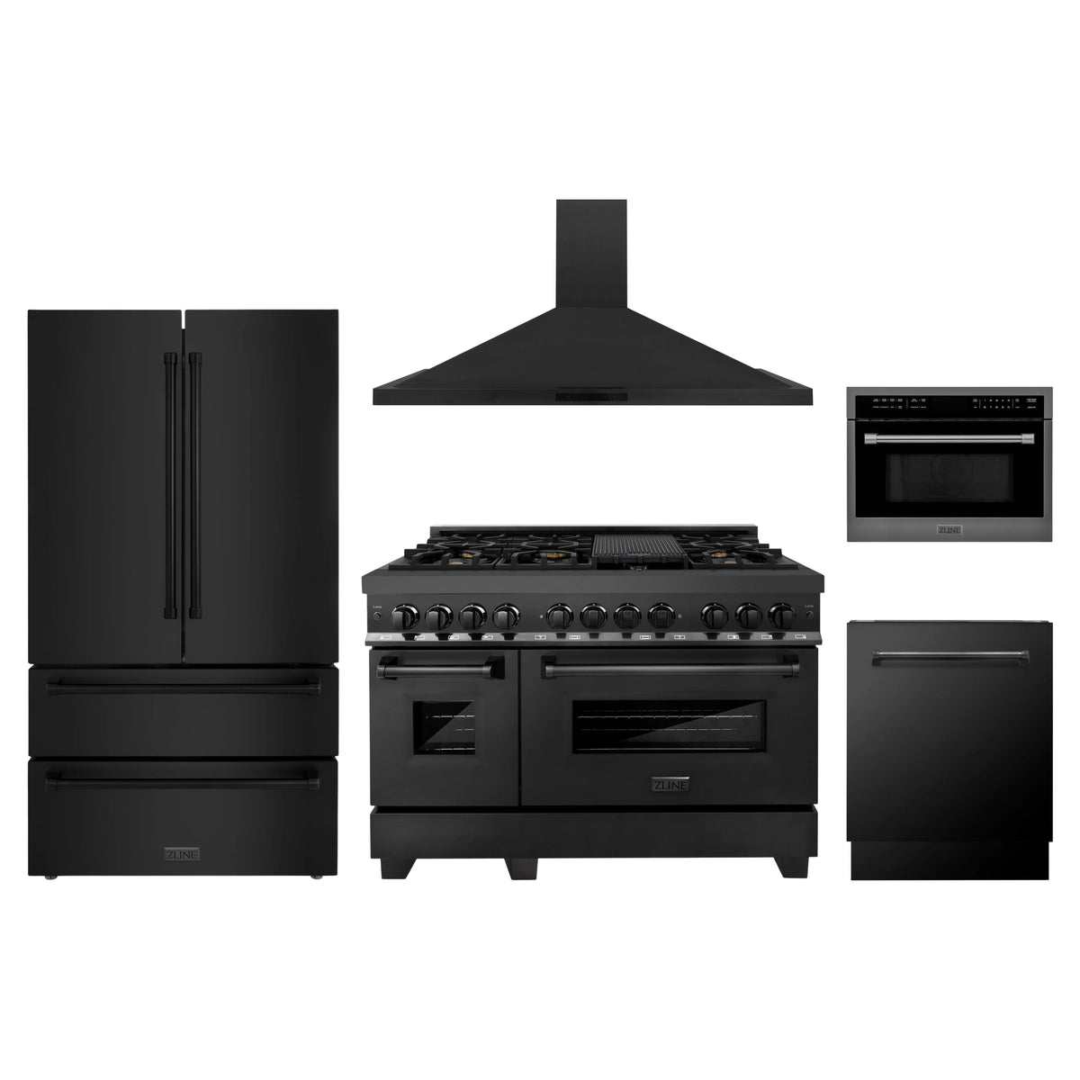 ZLINE 5-Piece Appliance Package - 48-Inch Dual Fuel Range, Refrigerator, Convertible Wall Mount Hood, Microwave Oven, and 3-Rack Dishwasher in Black Stainless Steel