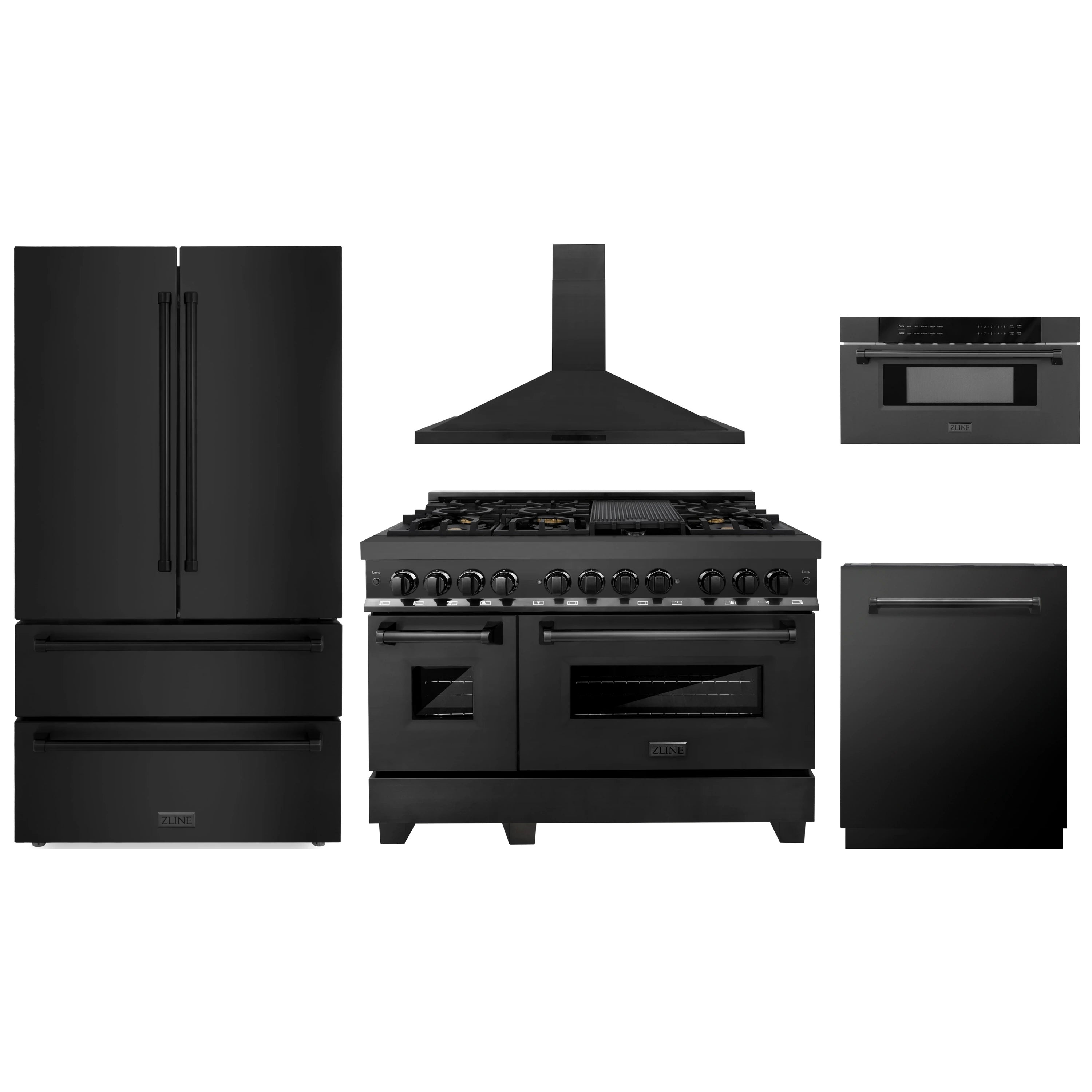 Black stainless appliance set: refrigerator, gas range, microwave, hood and dishwasher