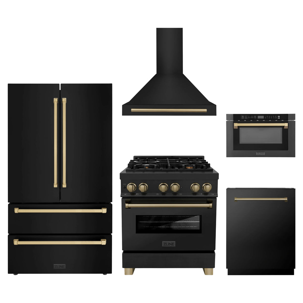ZLINE 5-Piece Appliance Package - 30-Inch Legacy Dual Fuel Range, Wall Mount Range Hood, 36-Inch French Door Refrigerator, Dishwasher, and 24-Inch Microwave Drawer in Black Stainless Steel with Champagne Bronze Accents