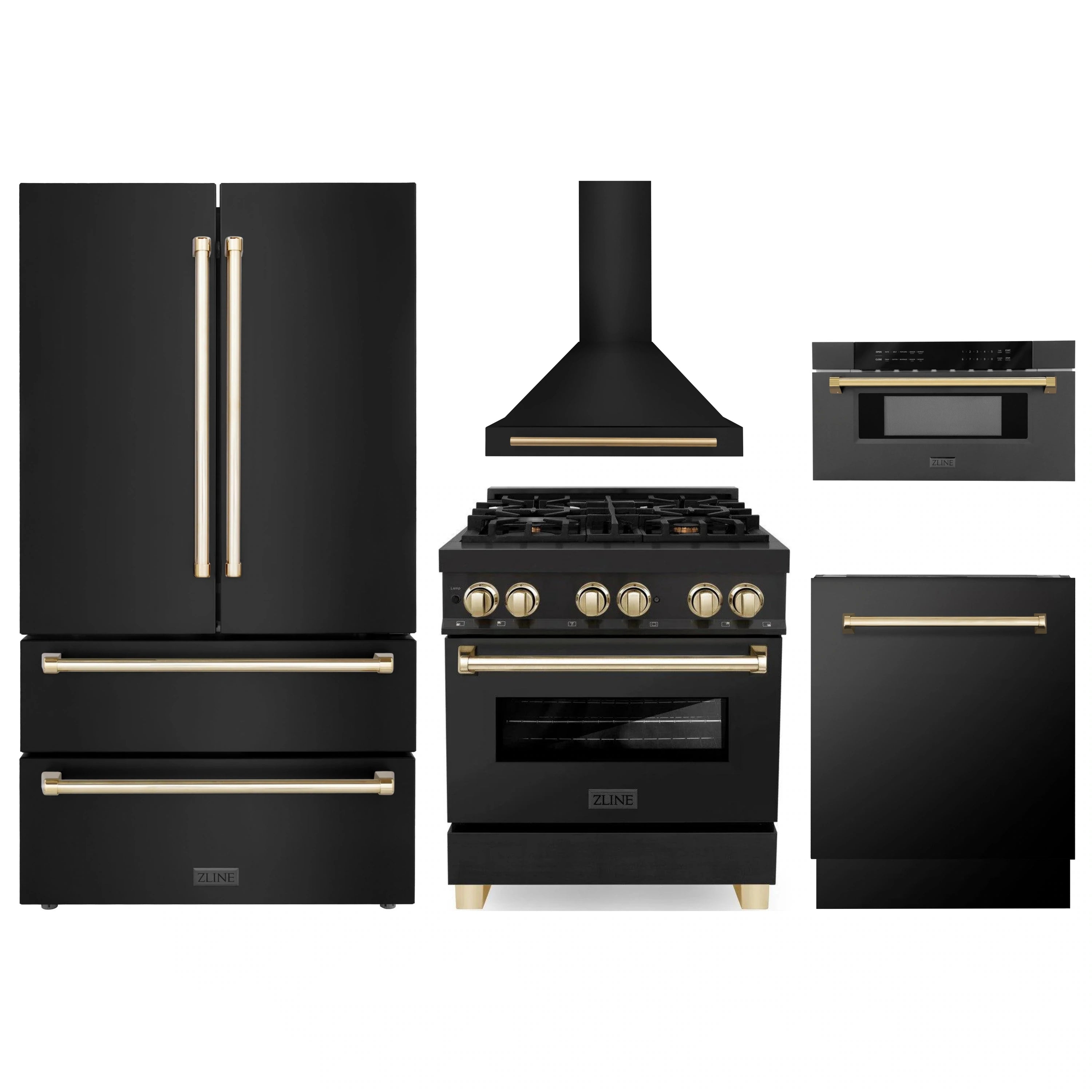 Black stainless steel appliance set with gold accents: range, hood, and refrigerator