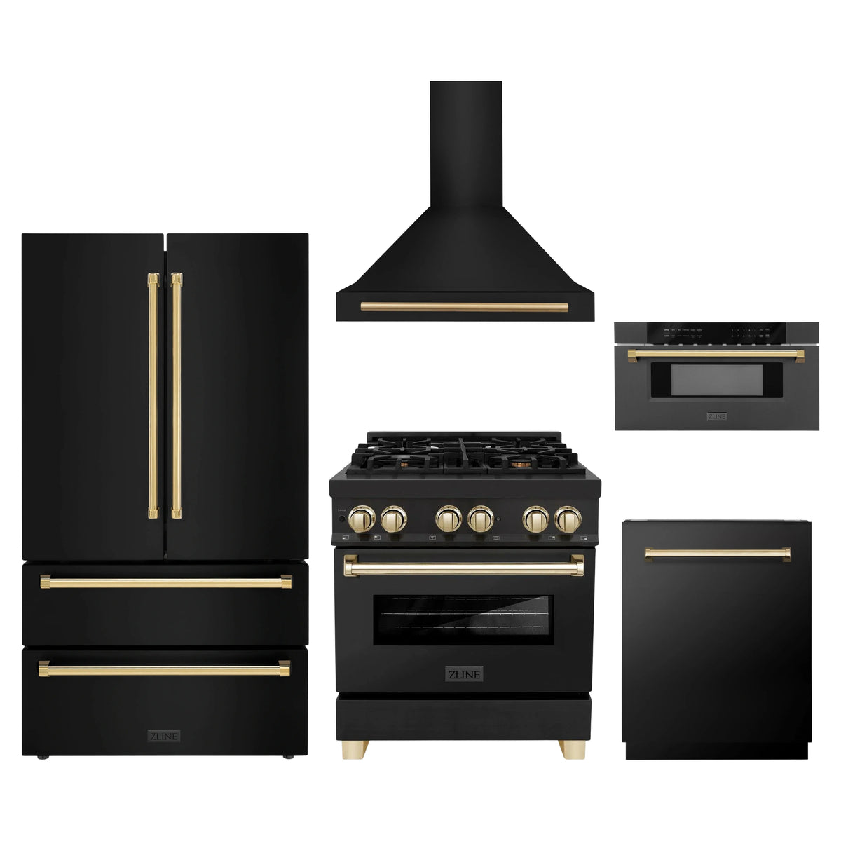 ZLINE 5-Piece Appliance Package - 30-Inch Legacy Dual Fuel Range, Wall Mount Range Hood, 36-Inch French Door Refrigerator, Dishwasher, and 30-Inch Microwave Drawer in Black Stainless Steel with Gold Accents