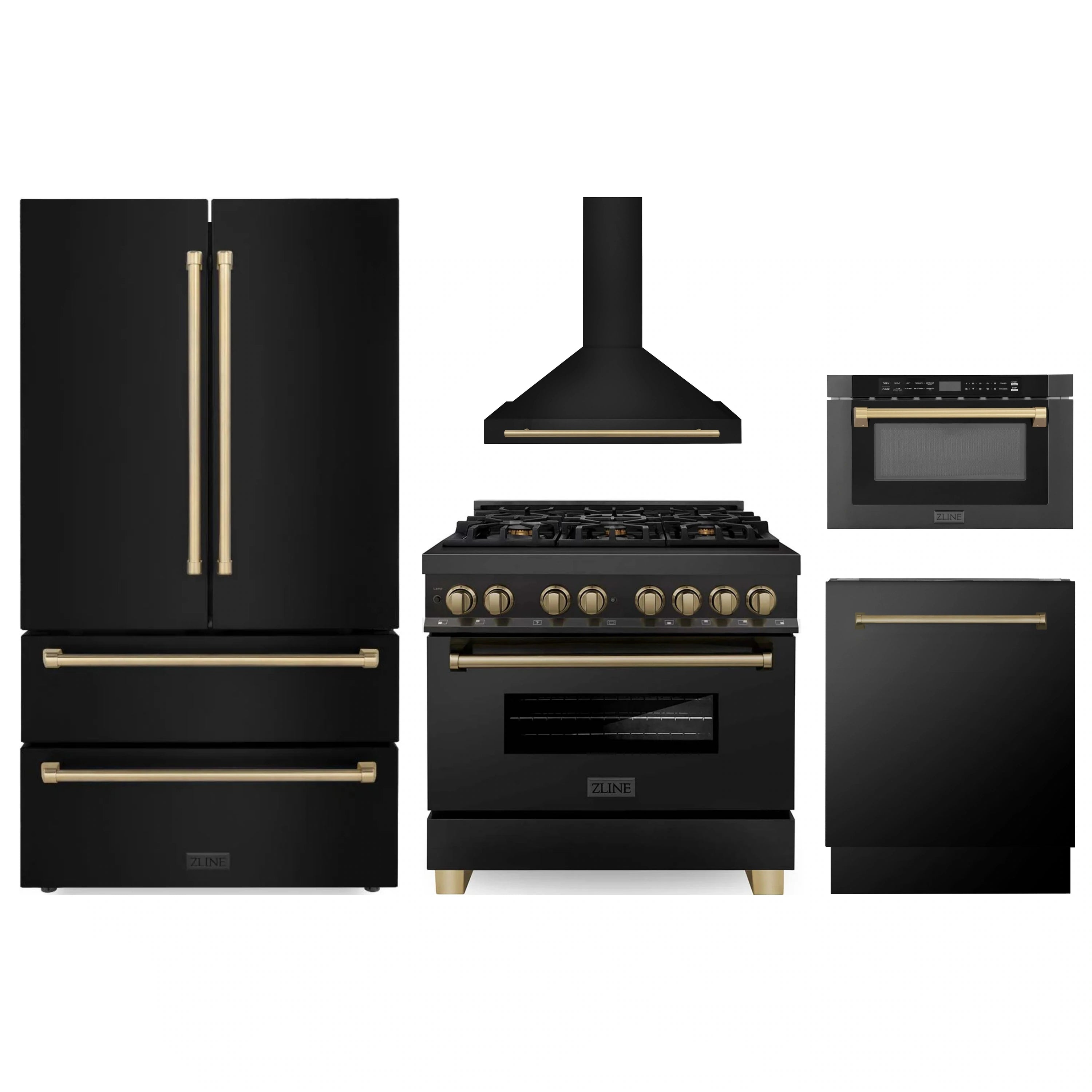 Black stainless appliance package with champagne bronze accents, including range and microwave.