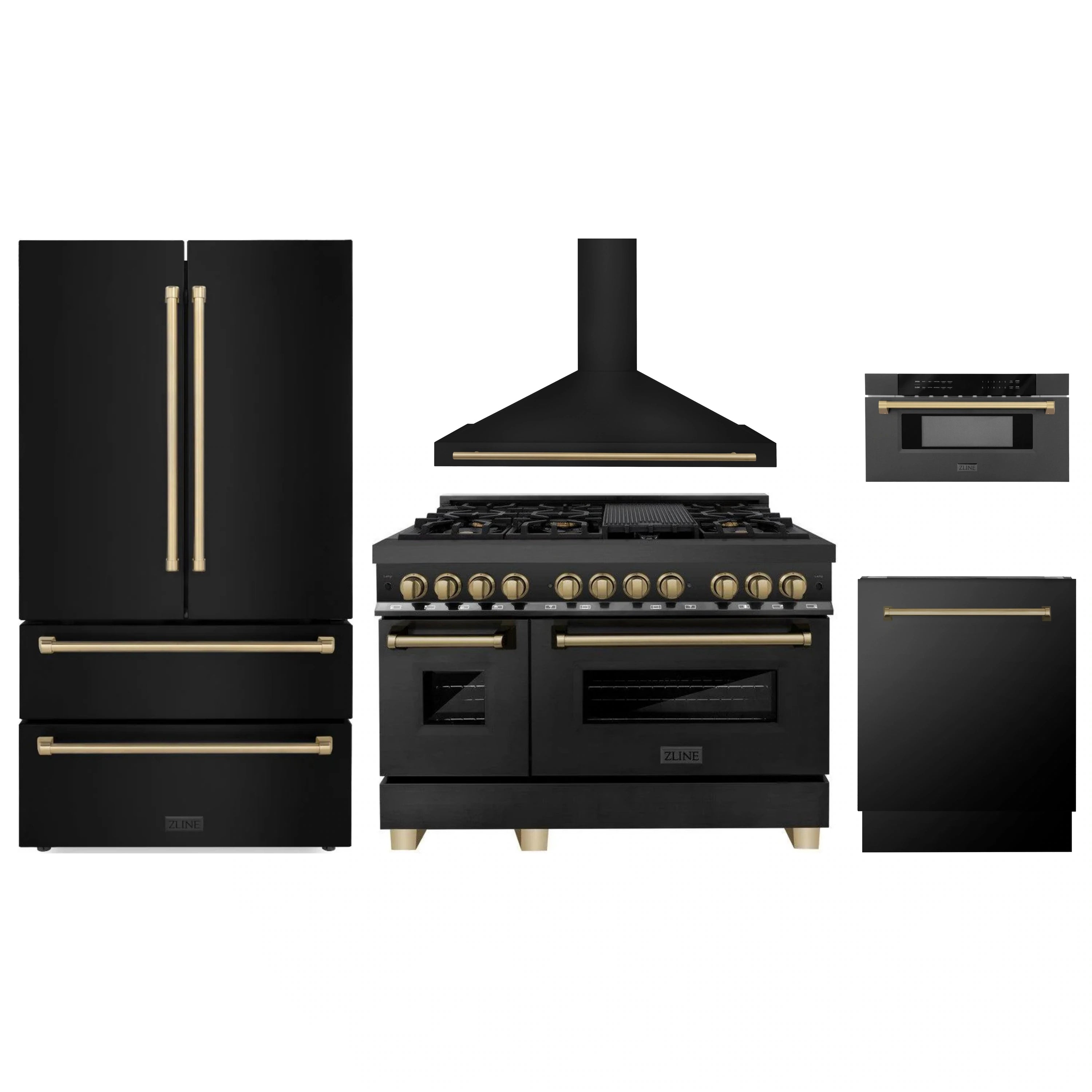 5-piece kitchen appliance set with black stainless steel finishes and bronze accents