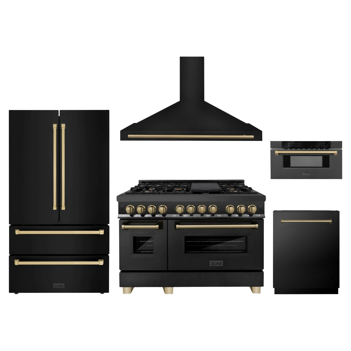 ZLINE 5-Piece Appliance Package - 48-Inch Legacy Dual Fuel Range, Wall Mount Range Hood, 36-Inch French Door Refrigerator, Dishwasher, and 30-Inch Microwave Drawer in Black Stainless Steel with Champagne Bronze Accents