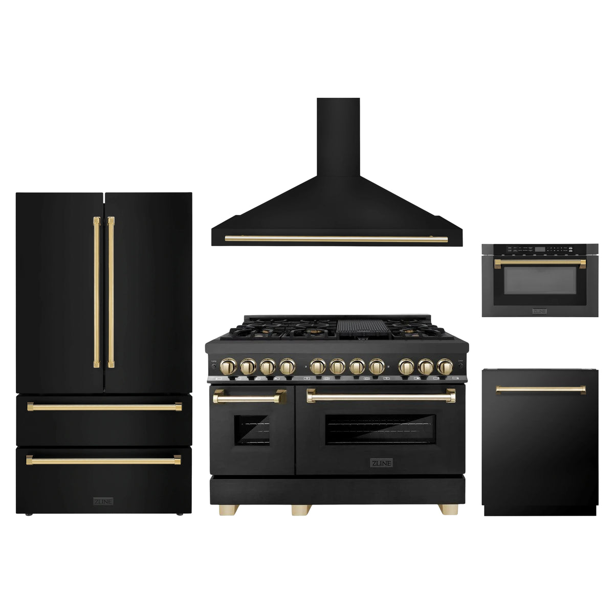 ZLINE 5-Piece Appliance Package - 48-Inch Legacy Dual Fuel Range, Wall Mount Range Hood, 36-Inch French Door Refrigerator, Dishwasher, and 24-Inch Microwave Drawer in Black Stainless Steel with Gold Accents