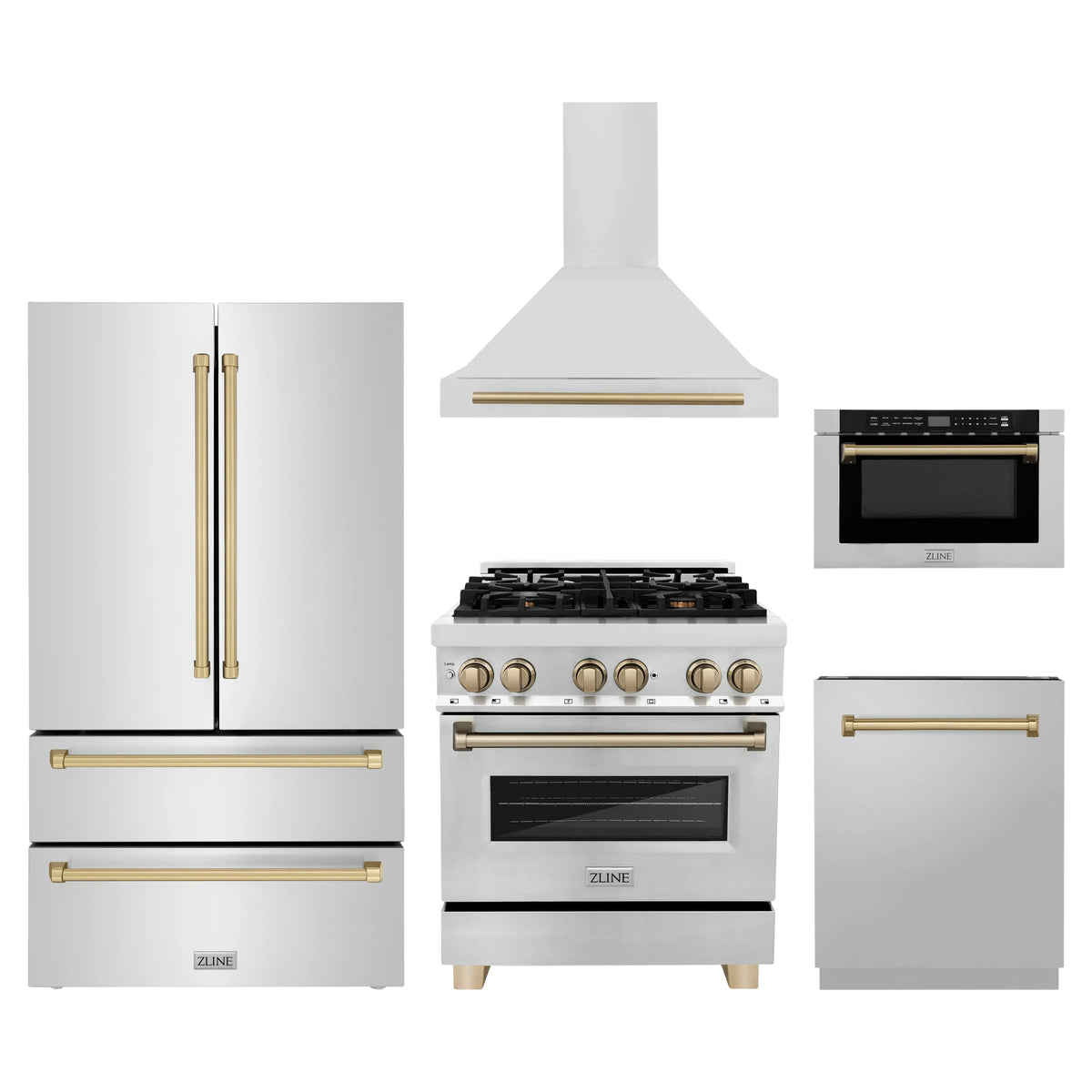 ZLINE 5-Piece Appliance Package - 30-Inch Legacy Autograph Dual Fuel Range, Wall Mount Range Hood, 36-Inch French Door Refrigerator, Dishwasher, and 24-Inch Microwave Drawer in Stainless Steel with Champagne Bronze Accents