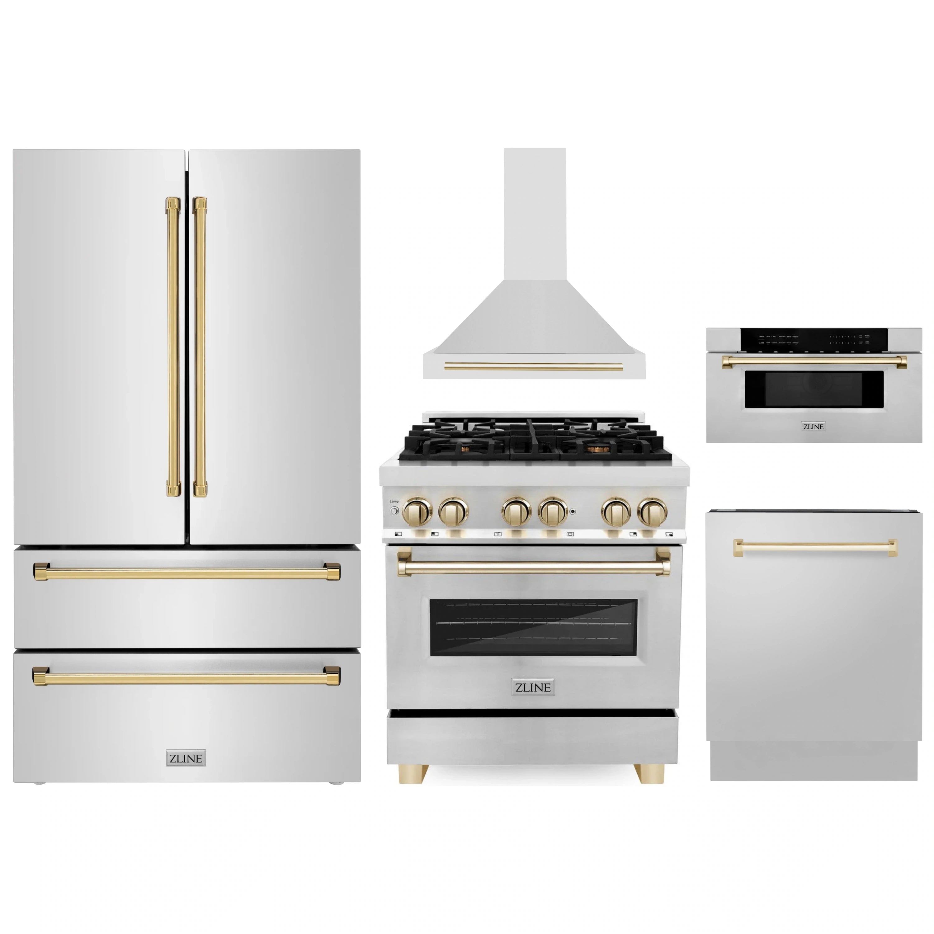 Stainless kitchen appliance set featuring gold-accent dual fuel range, hood, fridge, and dishwasher