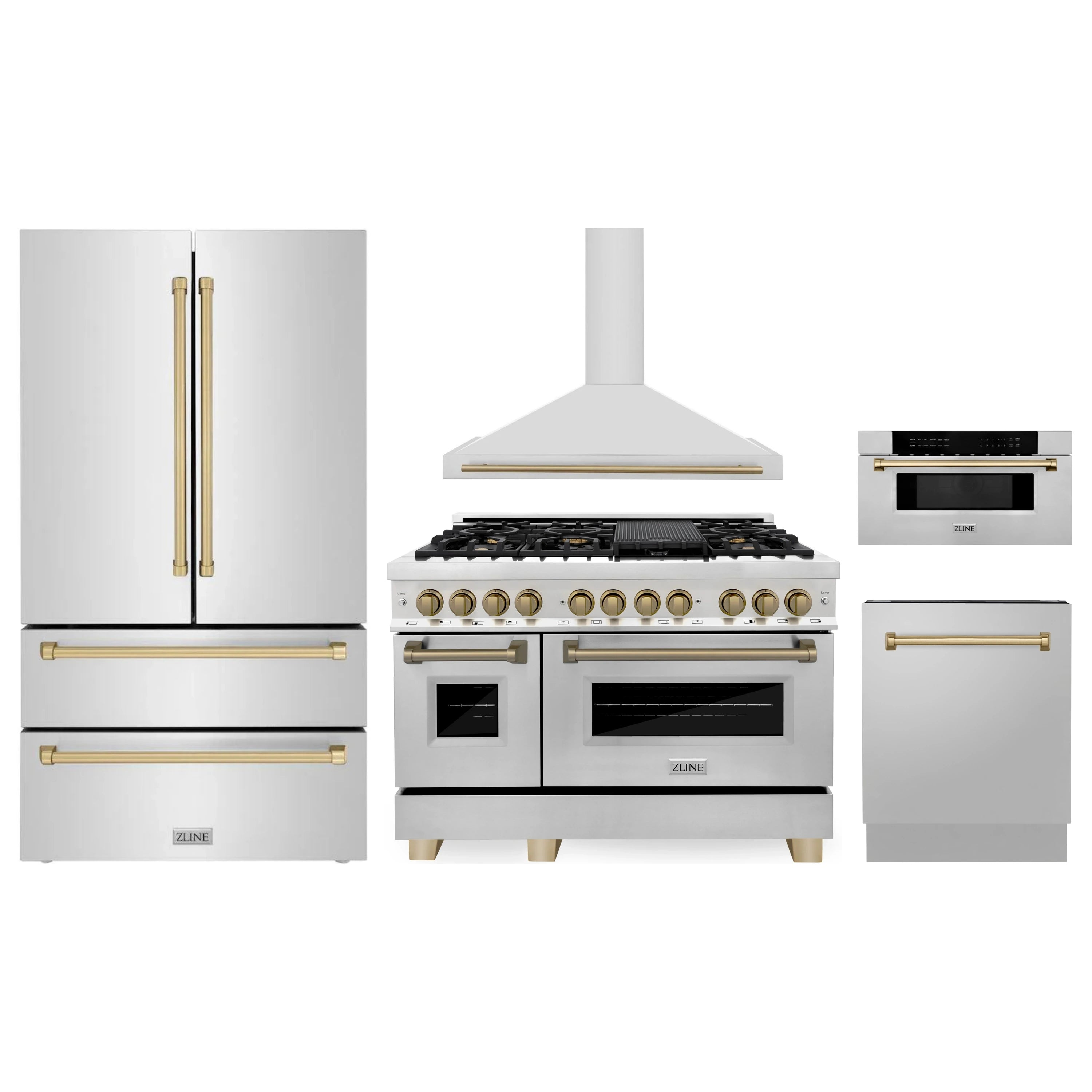 Stainless appliance package with champagne bronze handles, including range and refrigerator