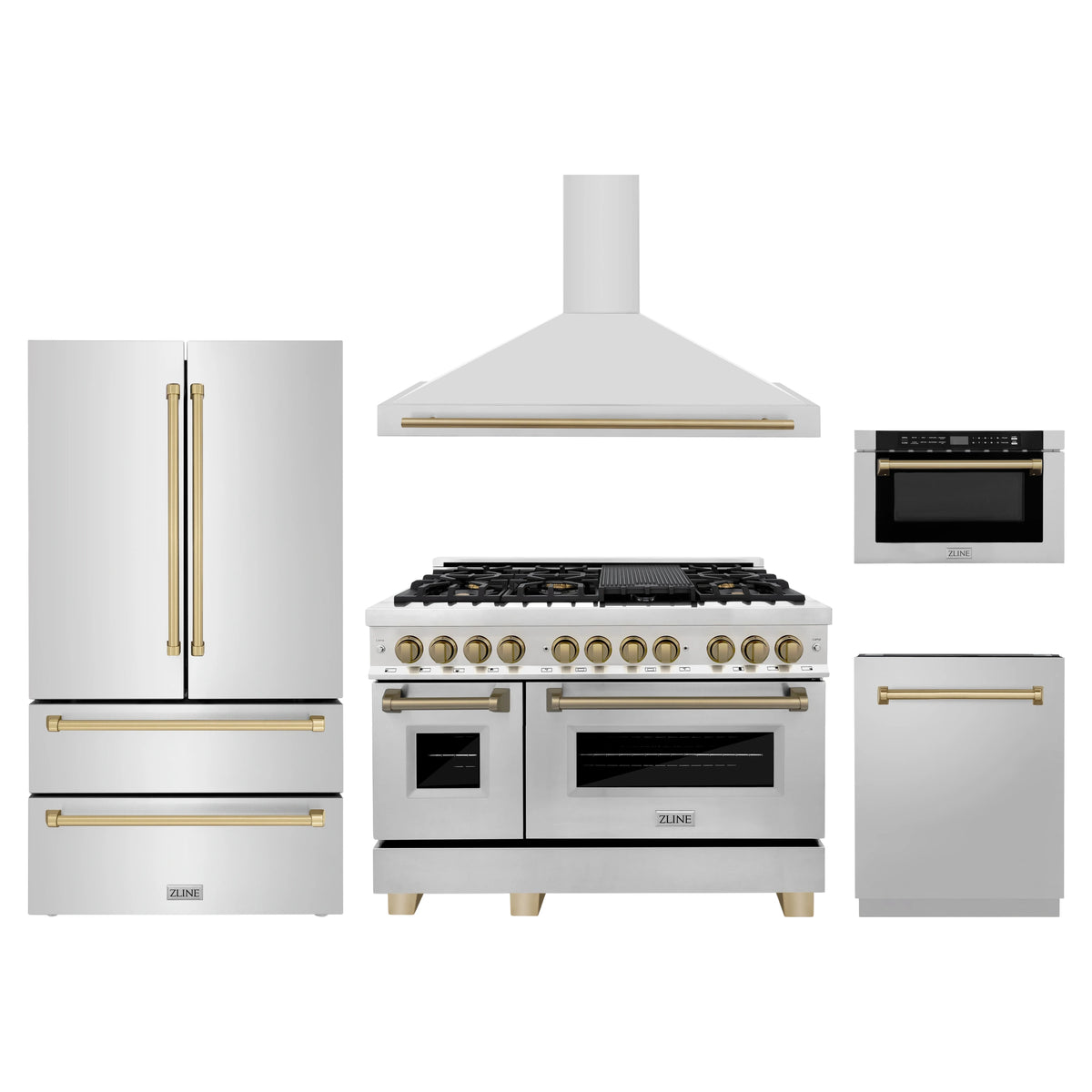 ZLINE 5-Piece Appliance Package - 48-Inch Legacy Autograph Dual Fuel Range, Wall Mount Range Hood, 36-Inch French Door Refrigerator, Dishwasher, and 24-Inch Microwave Drawer in Stainless Steel with Champagne Bronze Accents