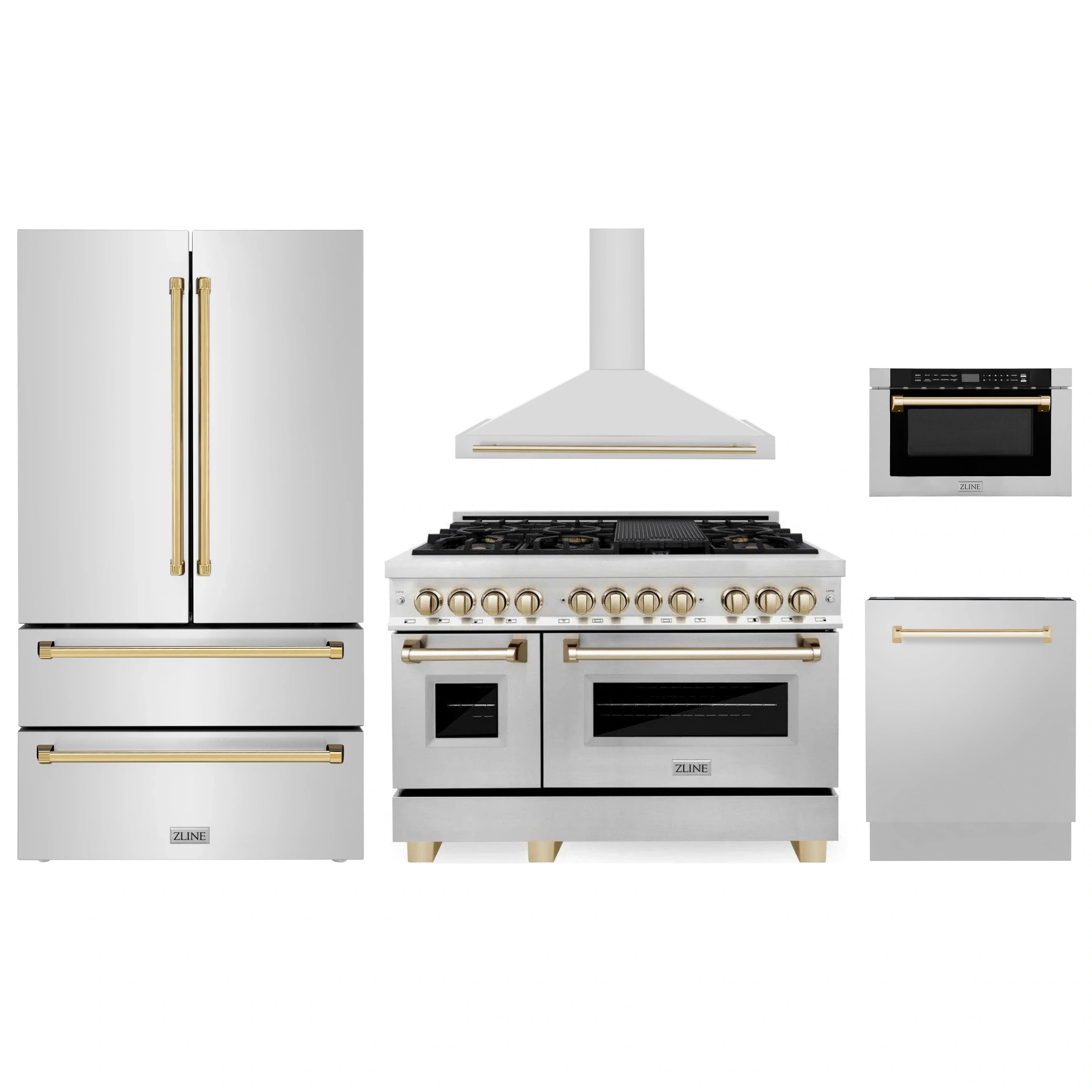 Stainless steel appliance package with gold accents: range, hood, fridge, dishwasher, microwave