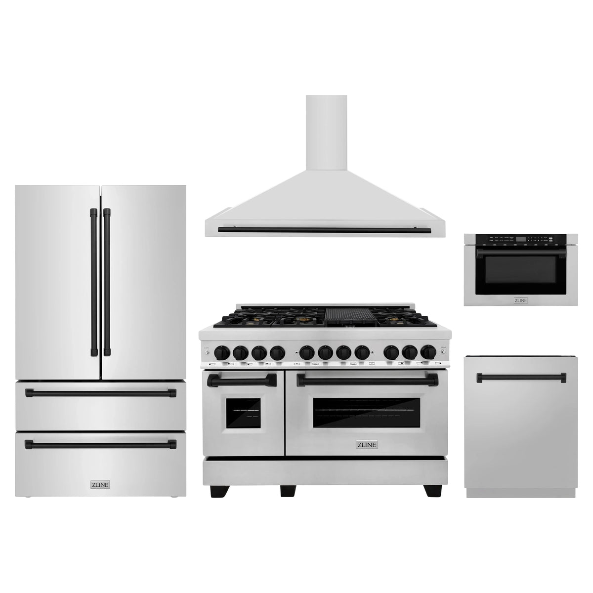 ZLINE 5-Piece Appliance Package - 48-Inch Legacy Autograph Dual Fuel Range, Wall Mount Range Hood, 36-Inch French Door Refrigerator, Dishwasher, and 24-Inch Microwave Drawer in Stainless Steel with Matte Black Accents