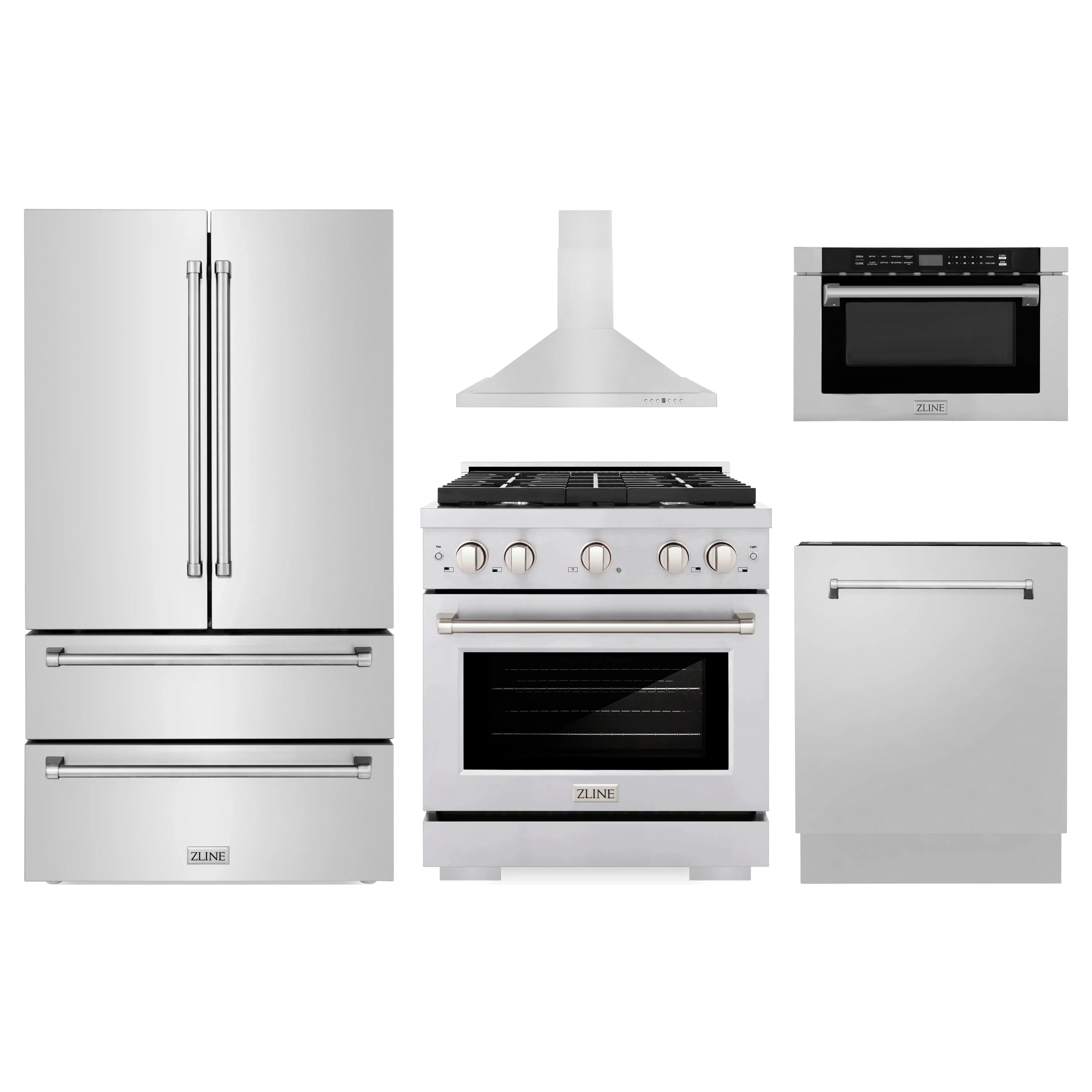 Stainless steel kitchen appliance package with refrigerator, range, hood, and microwave