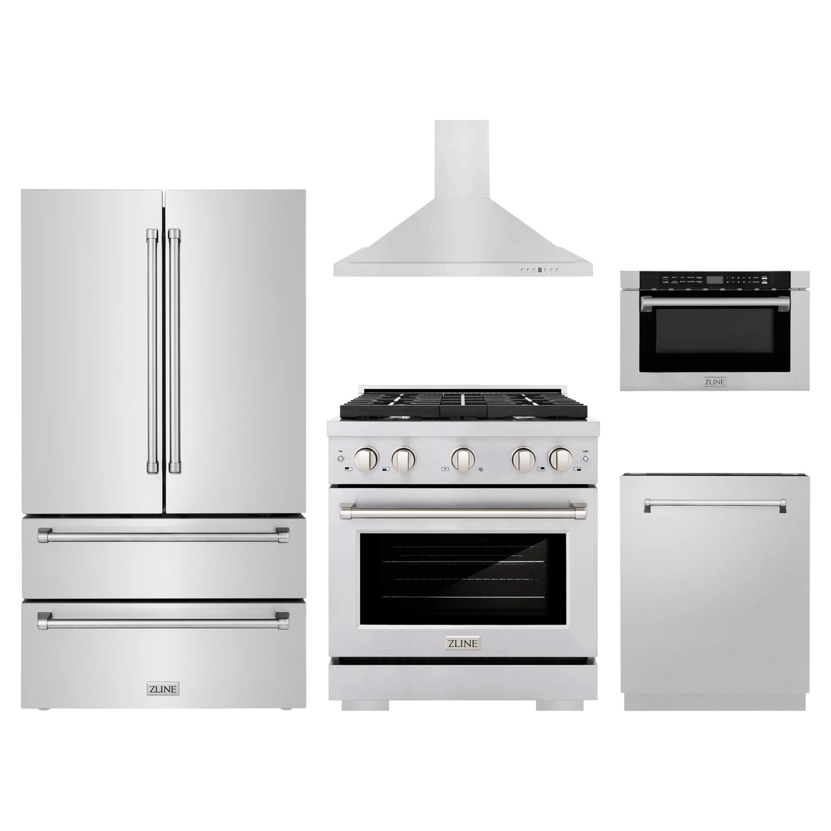ZLINE 5-Piece Appliance Package - 30-Inch Paramount Dual Fuel Range, Wall Mount Range Hood, 36-Inch French Door Refrigerator, Dishwasher, and 24-Inch Microwave Drawer in Stainless Steel