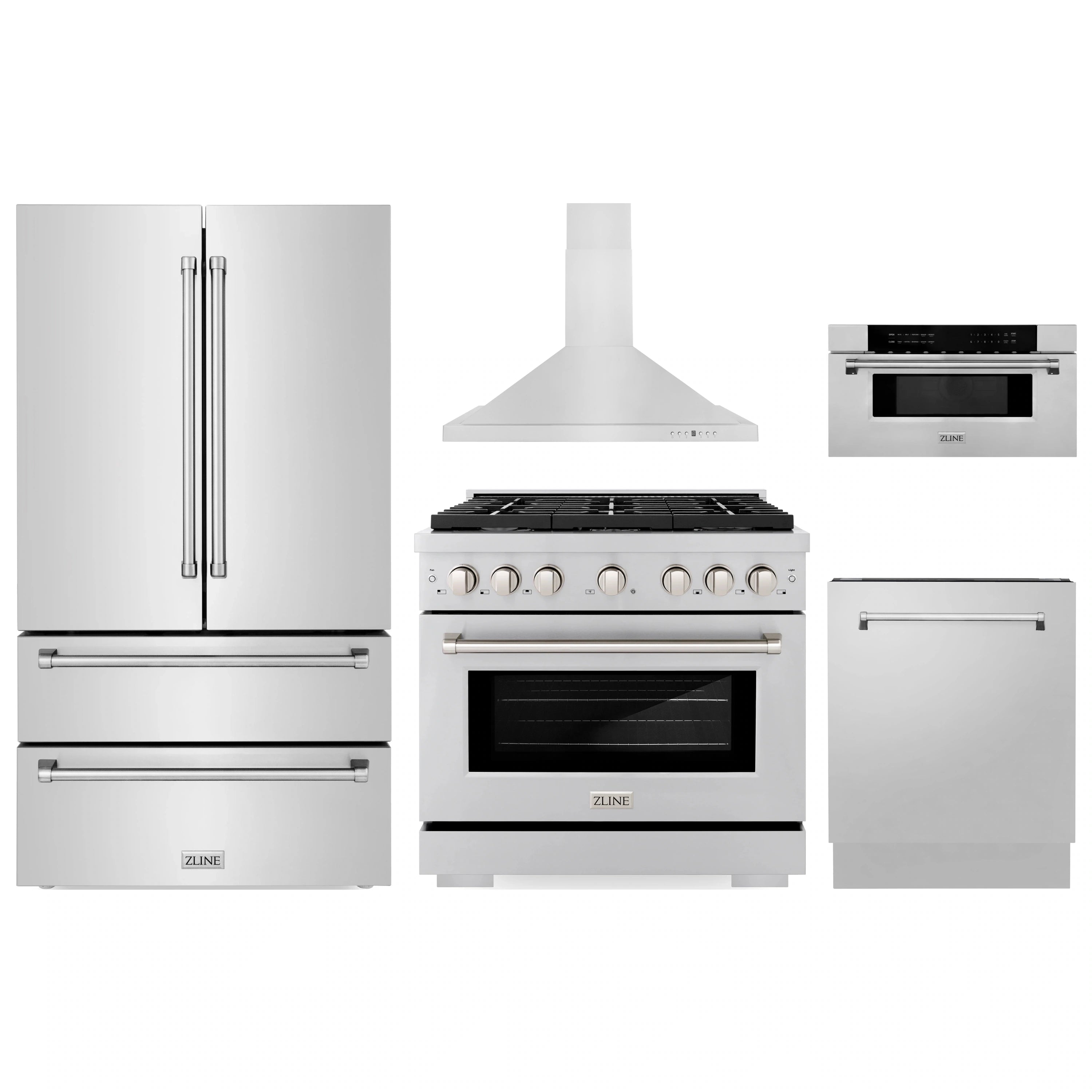 Stainless steel appliance package: range with oven, hood, fridge, dishwasher, microwave