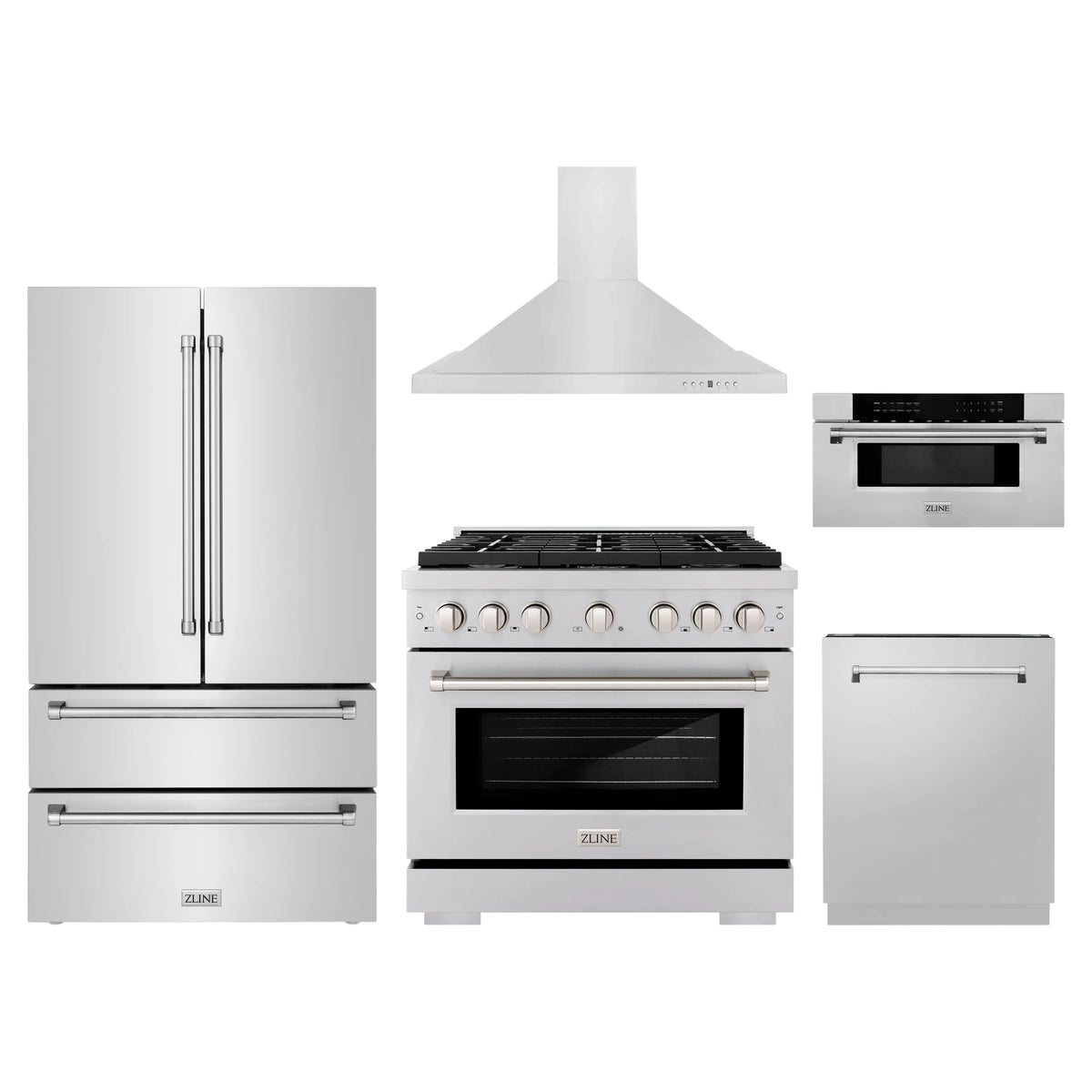 ZLINE 5-Piece Appliance Package - 36-Inch Paramount Dual Fuel Range, Wall Mount Range Hood, 36-Inch French Door Refrigerator, Dishwasher, and 30-Inch Microwave Drawer in Stainless Steel