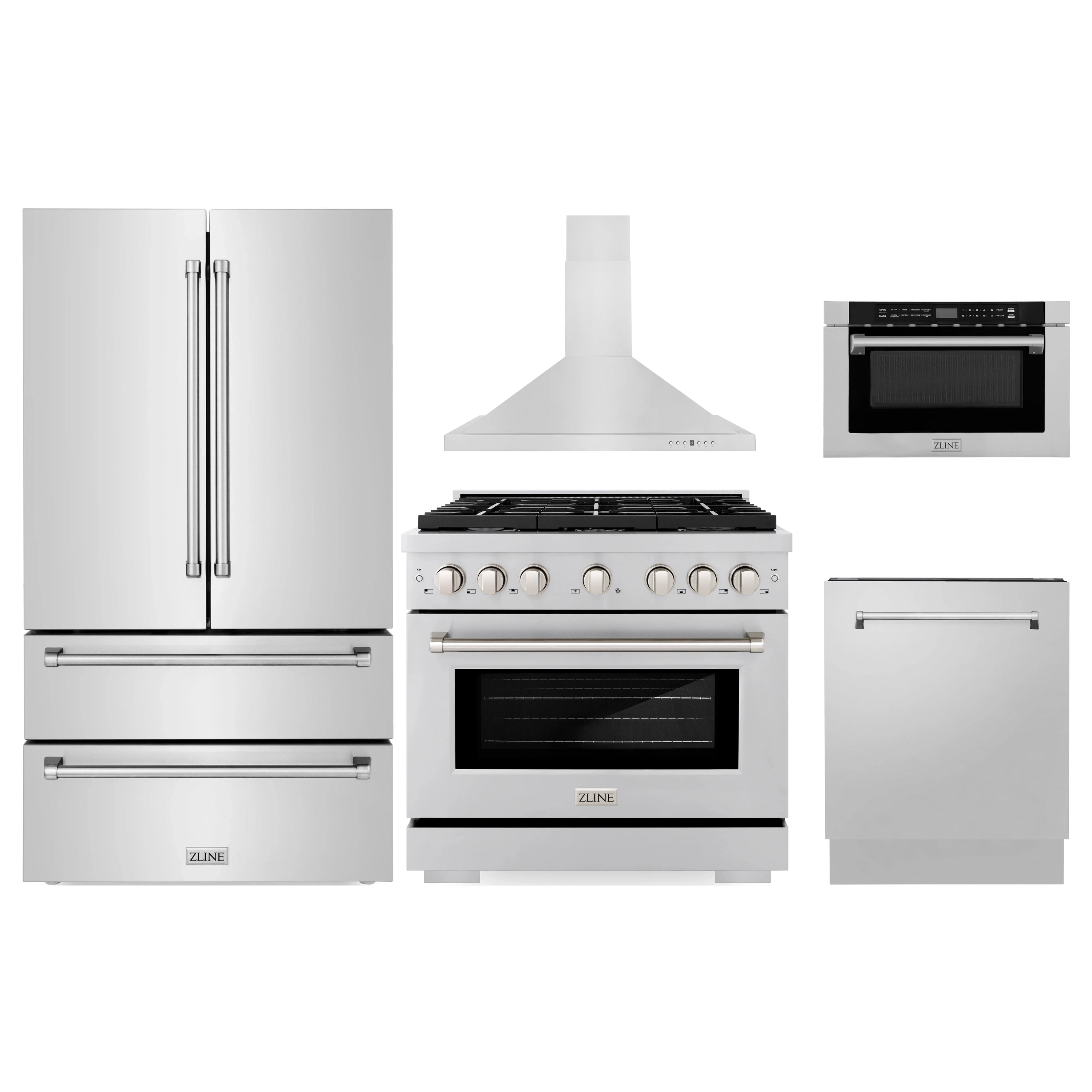 Stainless steel appliance package with refrigerator, range, microwave and dishwasher