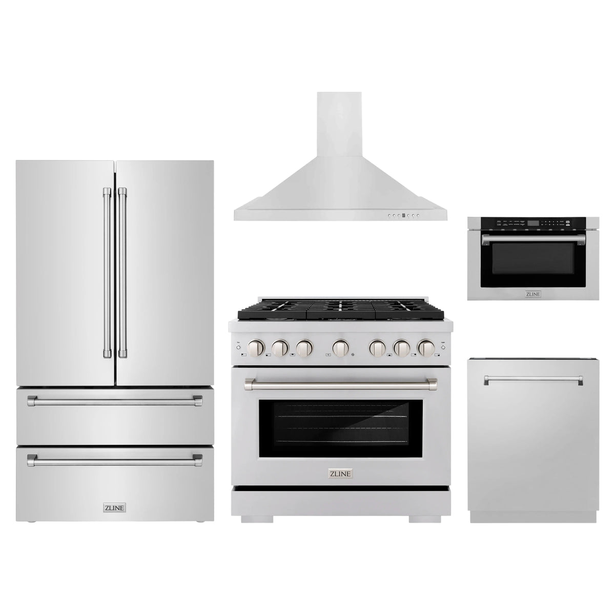 ZLINE 5-Piece Appliance Package - 36-Inch Paramount Dual Fuel Range, Wall Mount Range Hood, 36-Inch French Door Refrigerator, Dishwasher, and 24-Inch Microwave Drawer in Stainless Steel