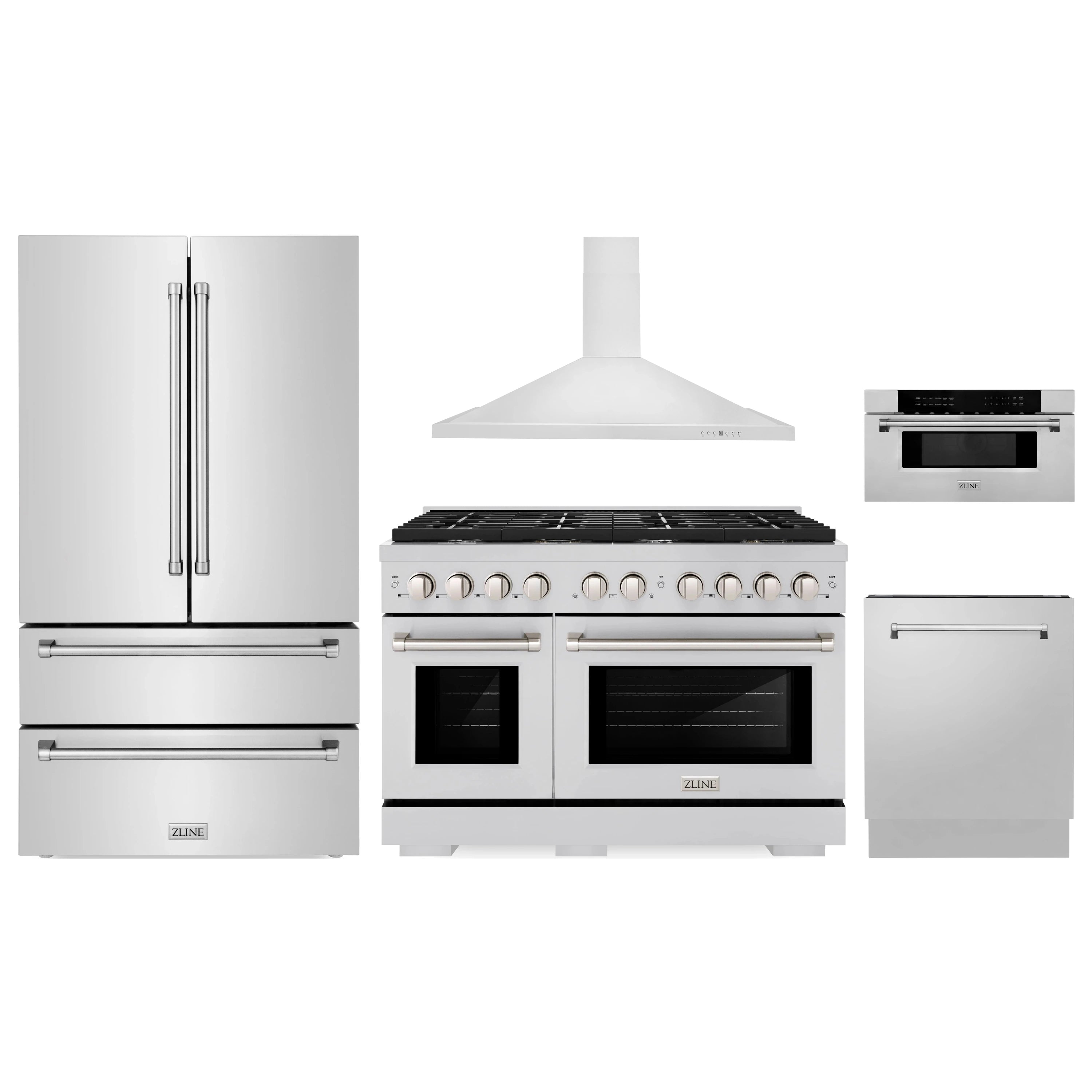 Stainless steel appliance set with refrigerator, range, hood, microwave, and dishwasher