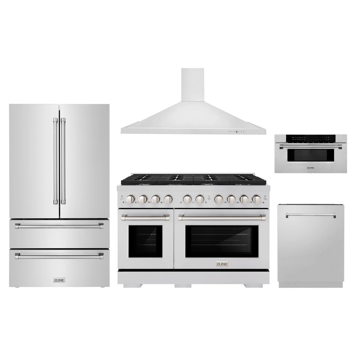ZLINE 5-Piece Appliance Package - 48-Inch Paramount Dual Fuel Range, Wall Mount Range Hood, 36-Inch French Door Refrigerator, Dishwasher, and 30-Inch Microwave Drawer in Stainless Steel