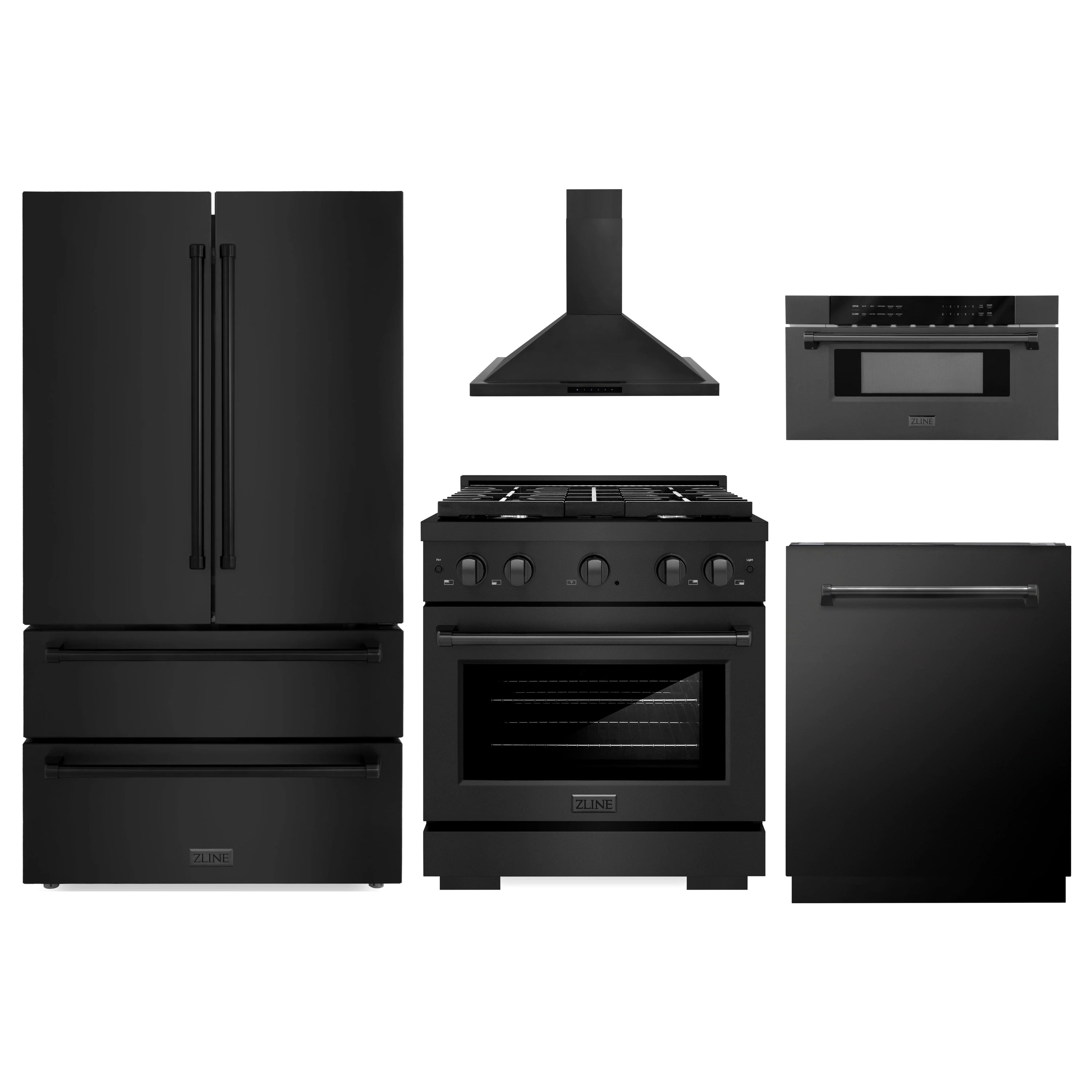 ZLINE black stainless steel appliance package with refrigerator, range, hood, microwave, dishwasher