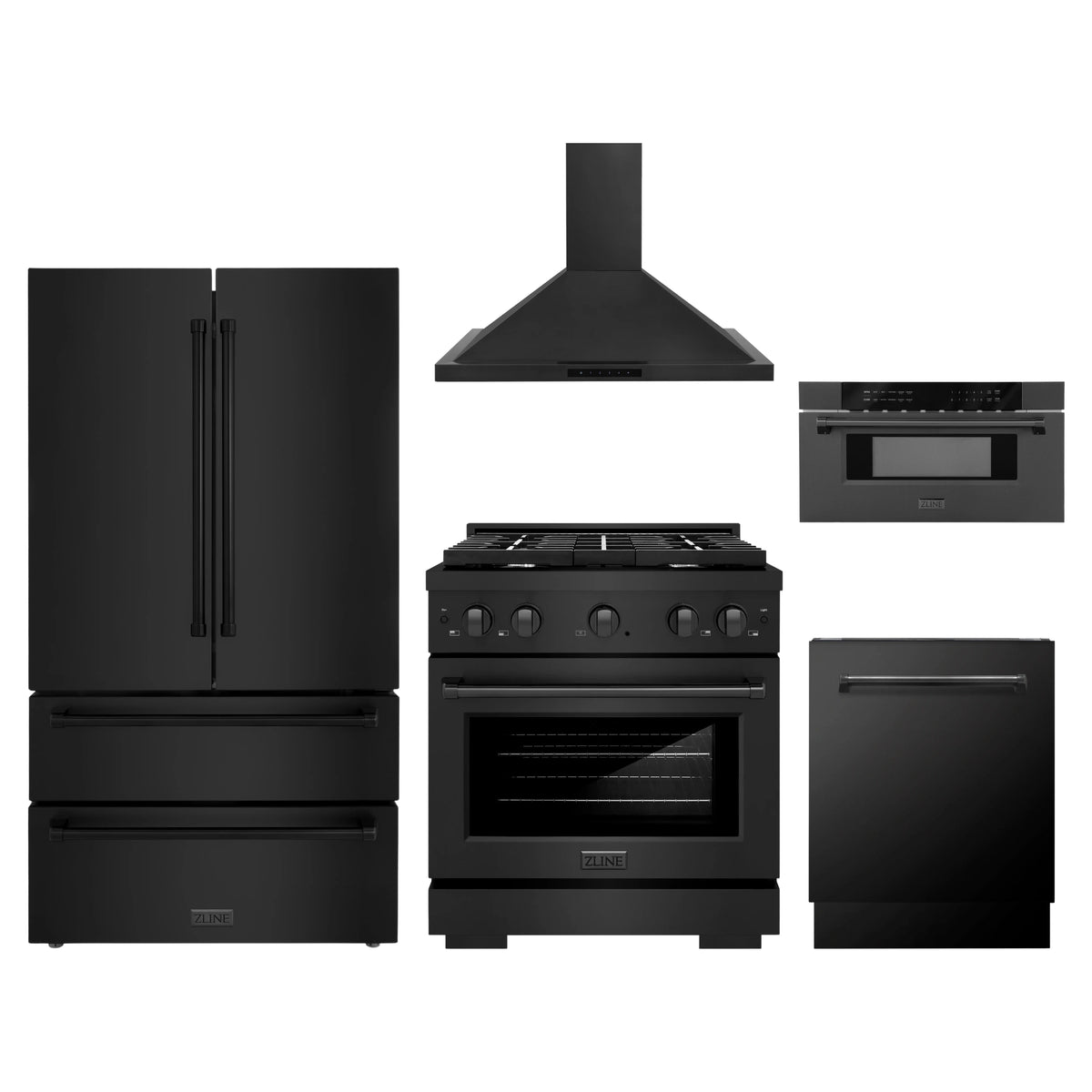 ZLINE 5-Piece Appliance Package - 30-Inch Paramount Dual Fuel Range, Wall Mount Range Hood, 36-Inch French Door Refrigerator, Dishwasher, and 30-Inch Microwave Drawer in Black Stainless Steel
