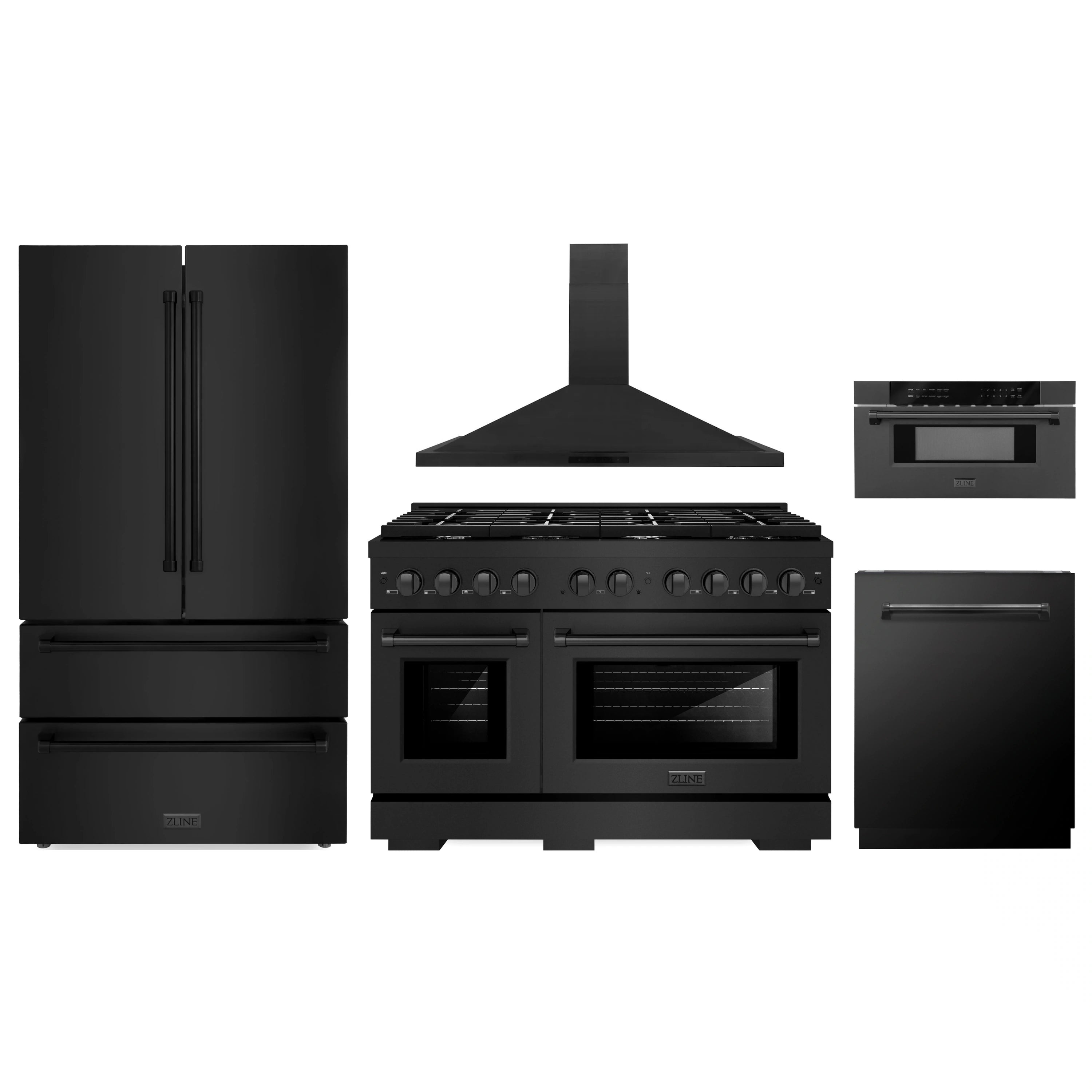 Black stainless steel appliance set: refrigerator, dual-fuel range with hood, dishwasher, microwave