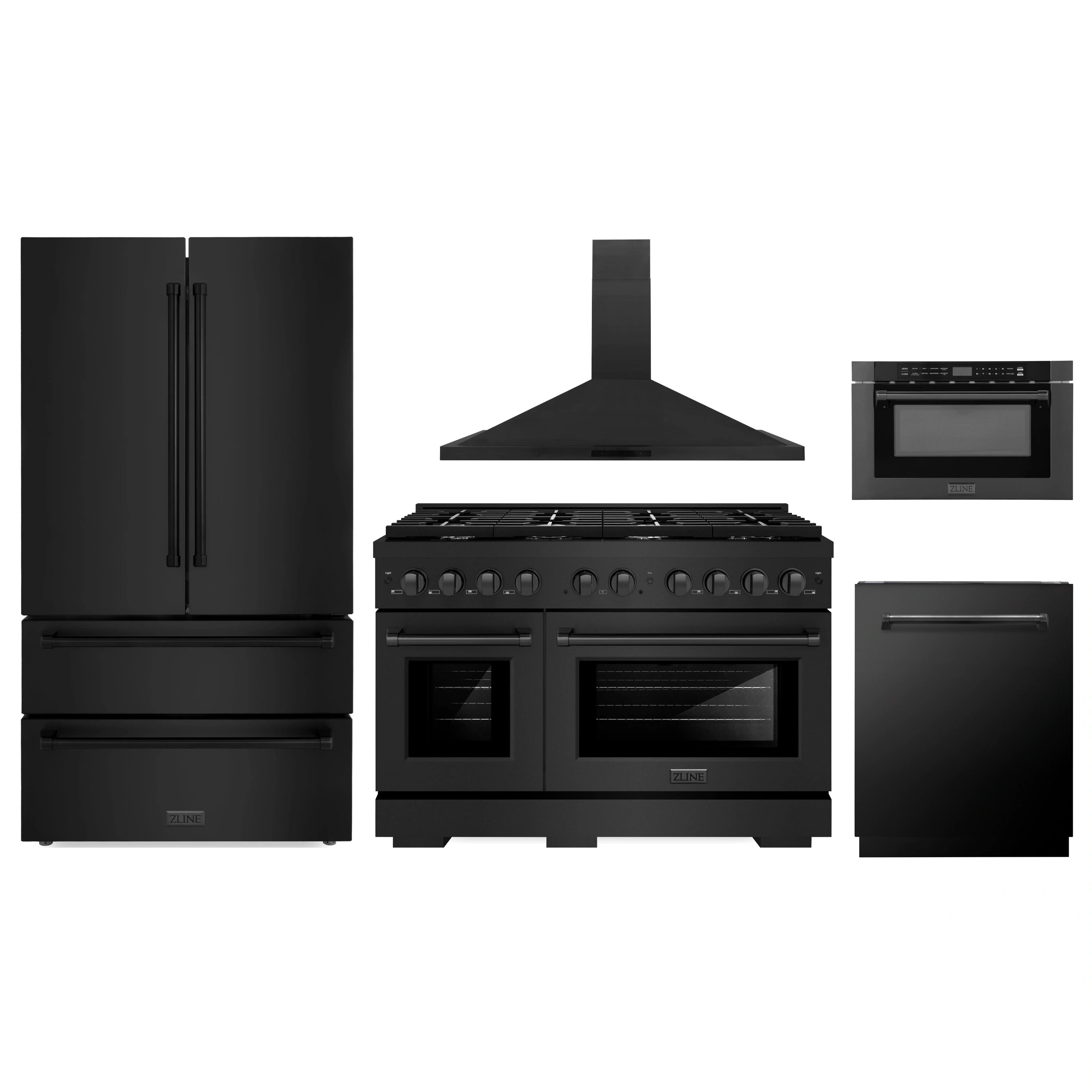Black stainless steel 5-piece kitchen appliance set with range, hood, refrigerator, dishwasher