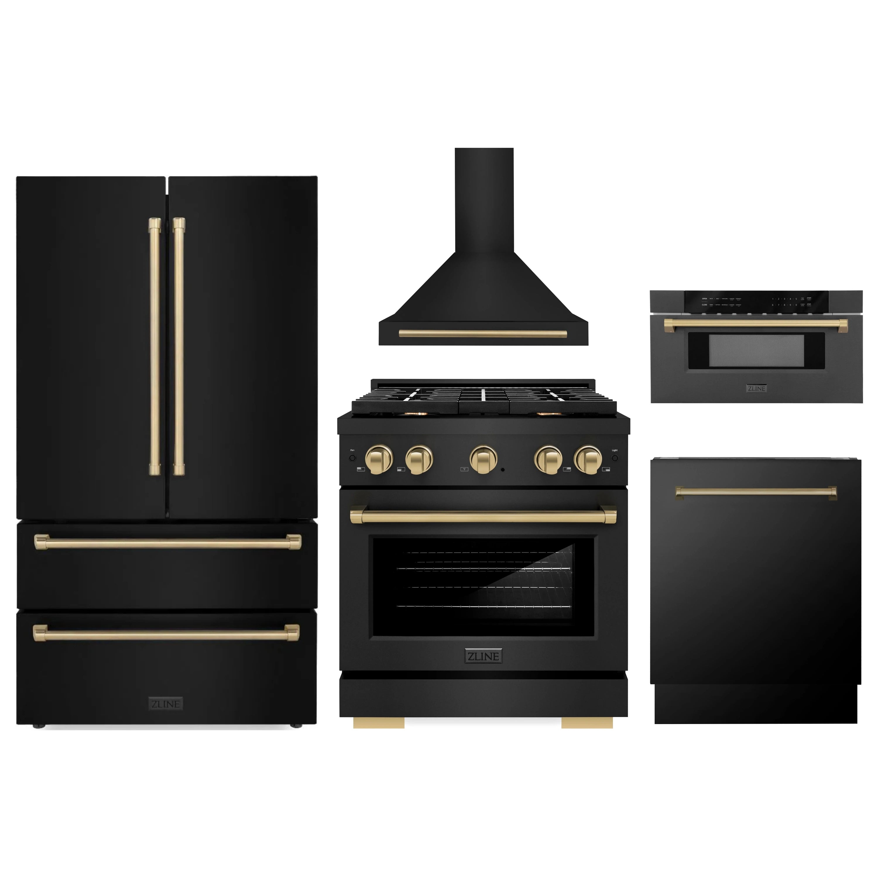 Black stainless steel appliance set with champagne bronze-accented handles and hood