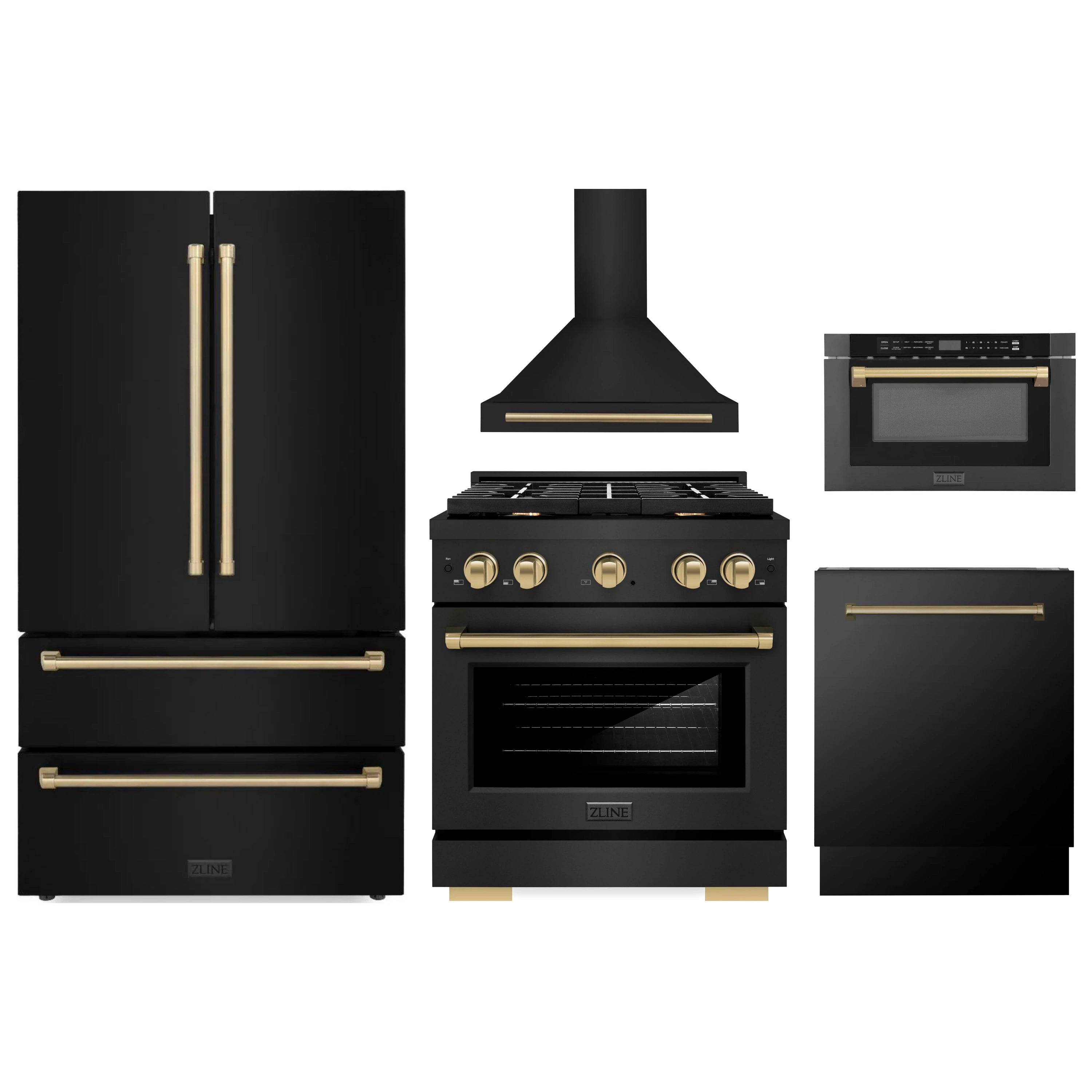 ZLINE 5-piece black stainless appliance package with champagne bronze accents, five units