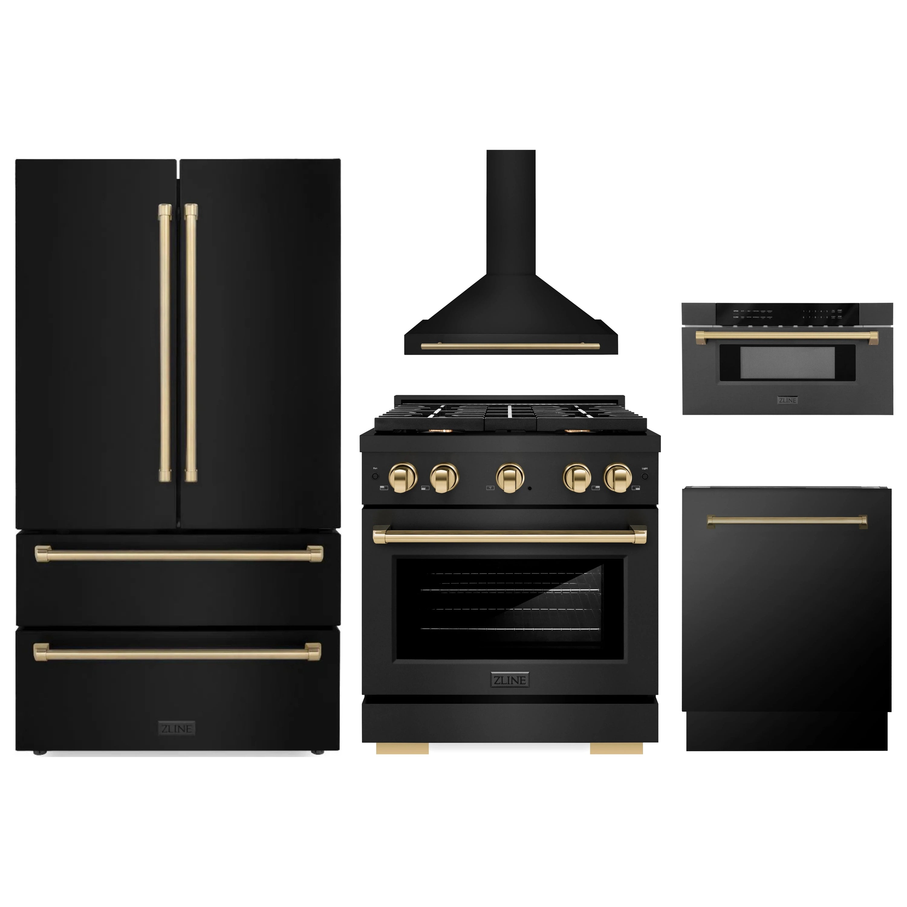 Black stainless steel appliance package with champagne bronze accents